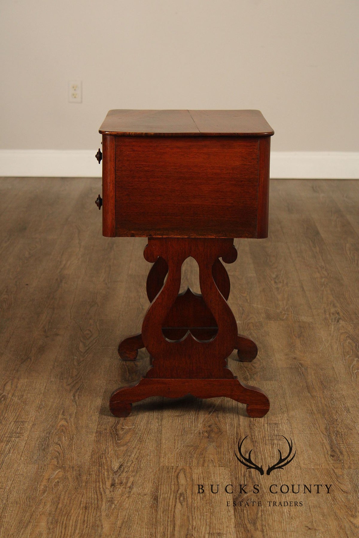 Antique American Empire Mahogany Lyre Form Two-Drawer Work Table