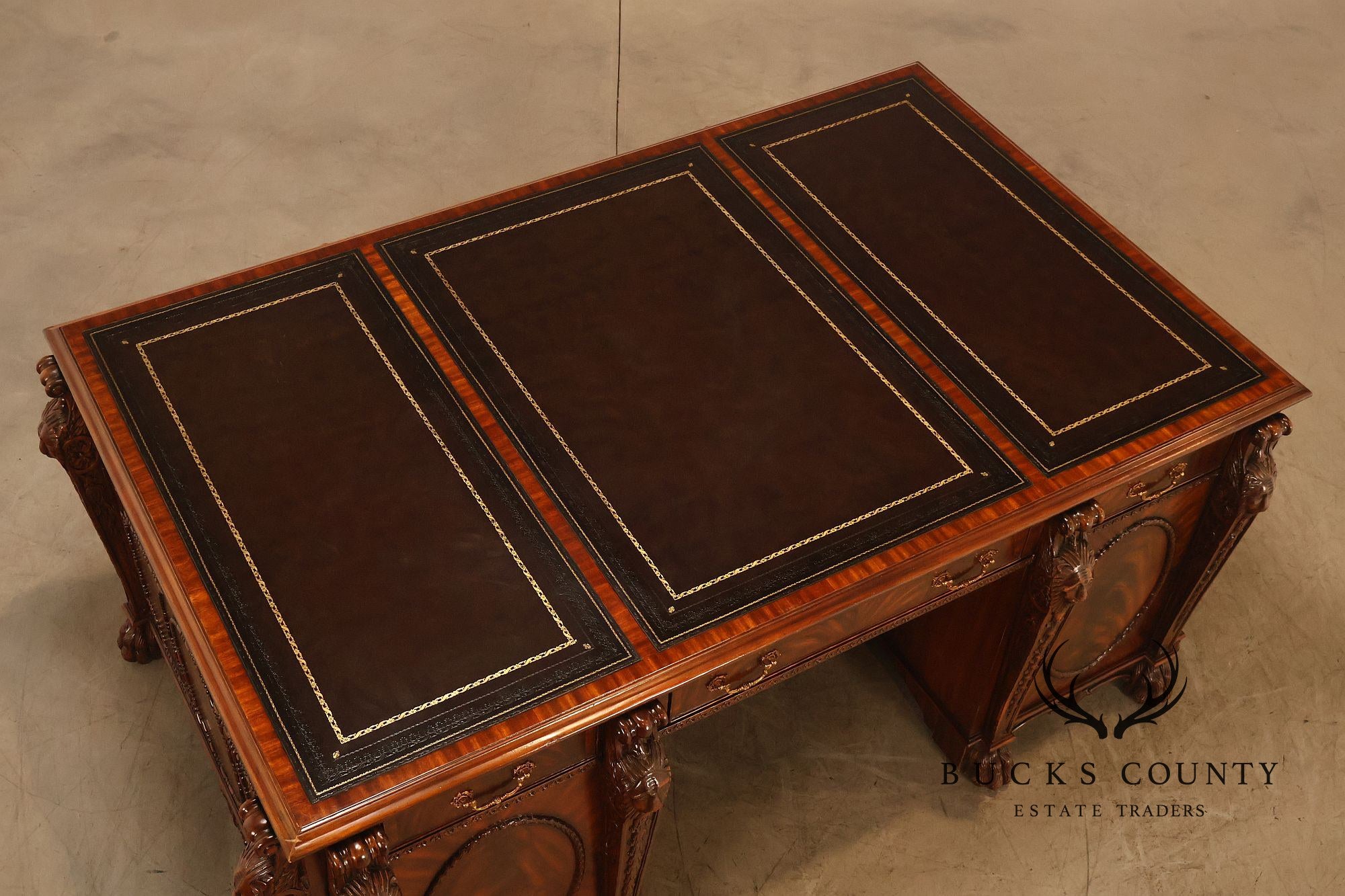 Maitland-Smith Carved Mahogany Leather Top Executive Partner's Desk