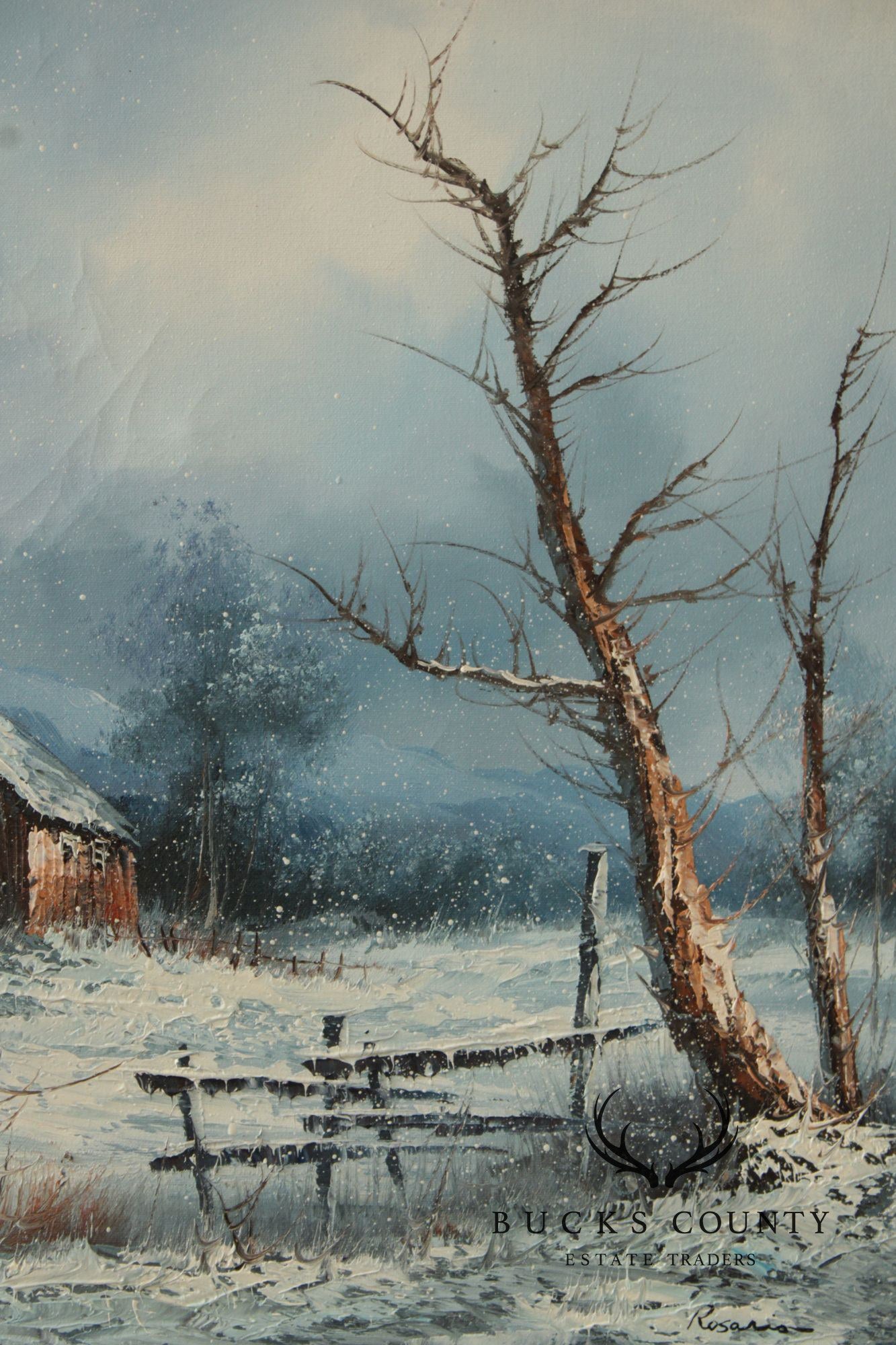 Rozario Winter Landscape Oil Painting, Barn in Snow