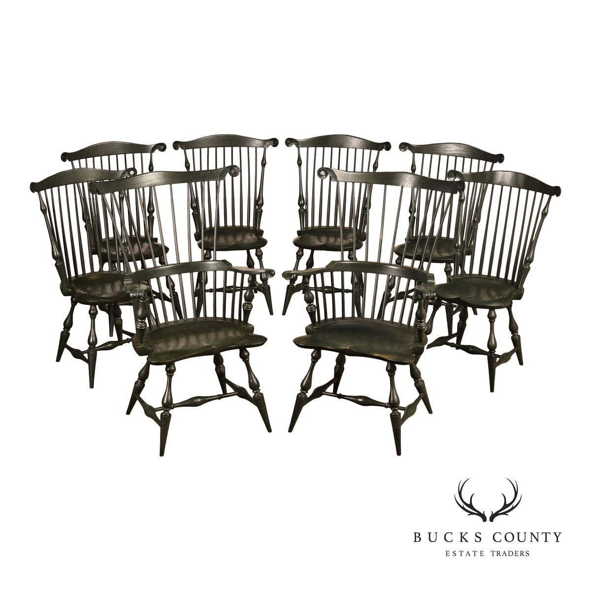 River Bend Chair Co. Set Of Eight Dark Green Painted Comb Back Windsor Dining Chairs