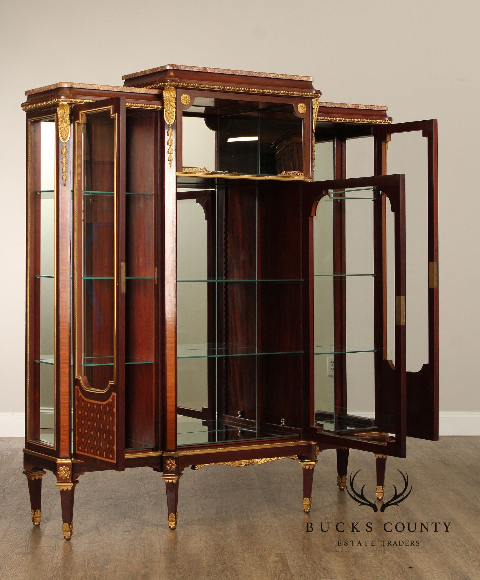 Fine French Louis XVI Style Gilt Bronze Mounted Mahogany Triple Vitrine