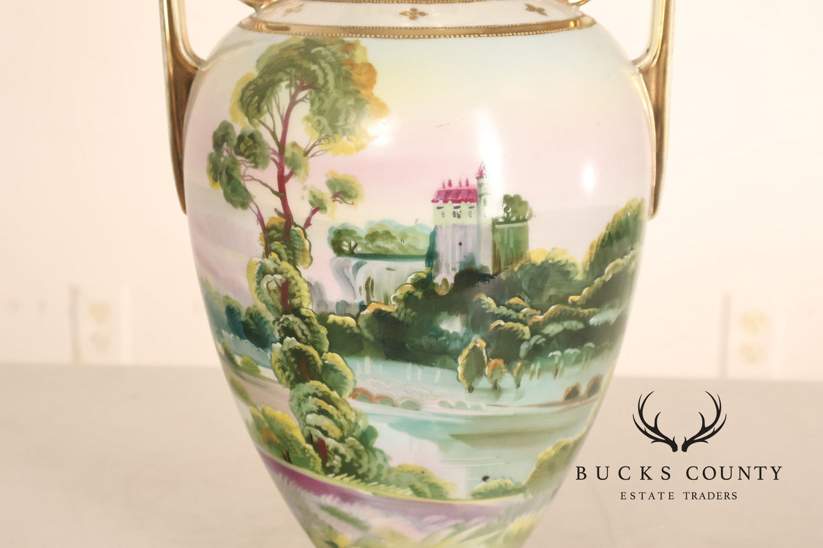 Antique Hand Painted Nippon Porcelain Twin Handle Landscape Urn With Gilt Decoration