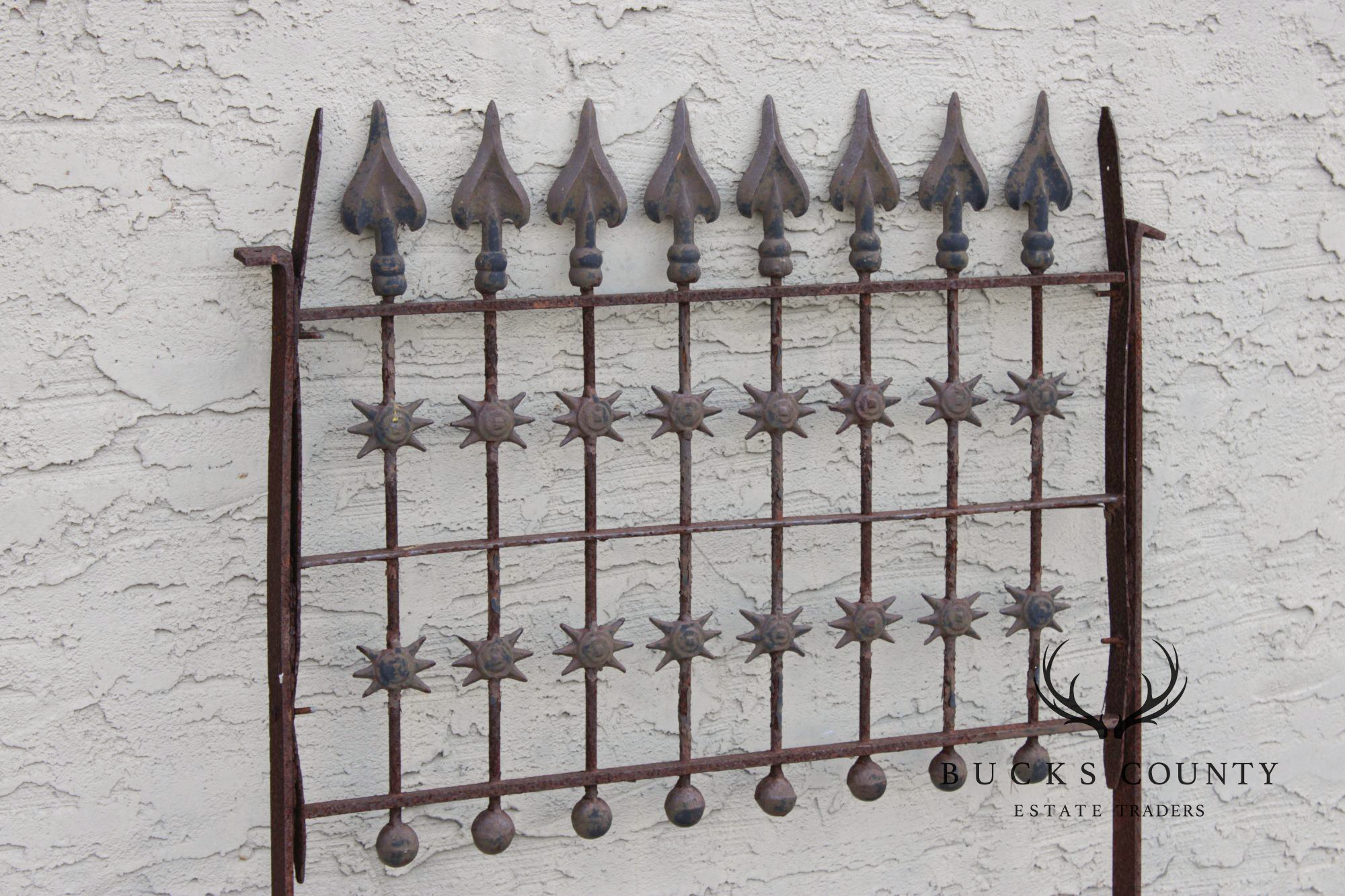 Antique Cast Iron Garden Fence Section With Spear Finials And Star Motif