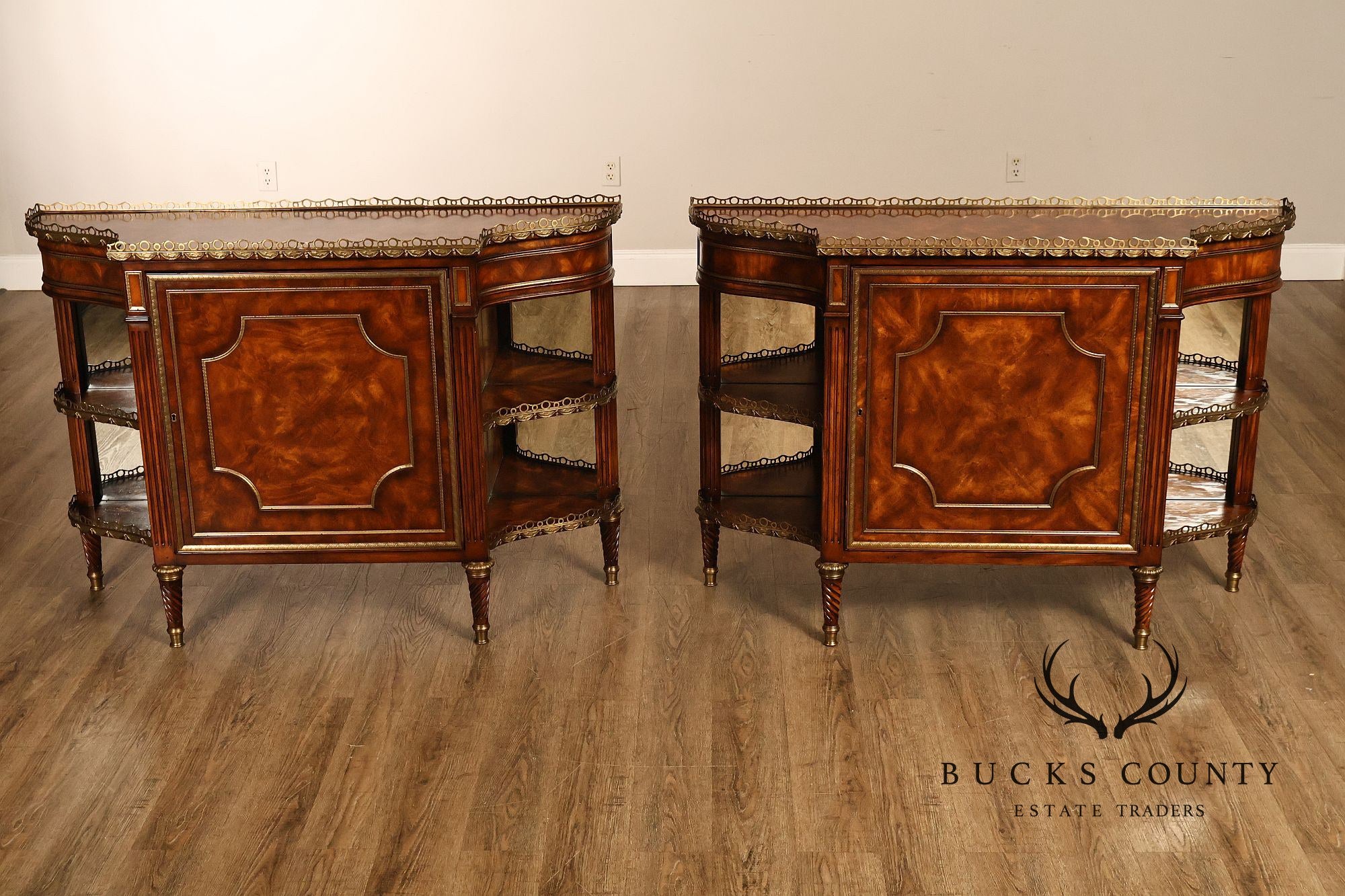 Theodore Alexander French Louis XVI Style Burl Wood Brass Mounted Gallery Top Pair Of Side Cabinets