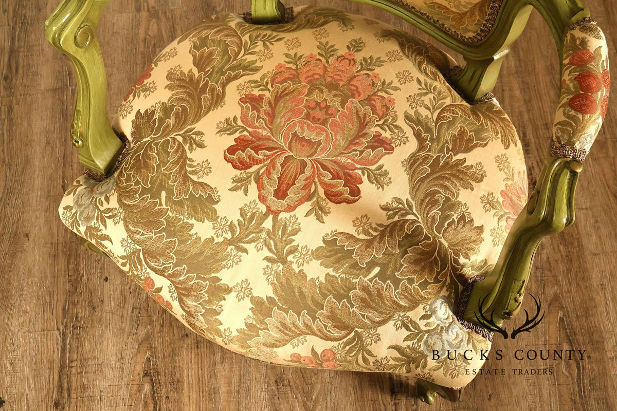 Vintage Louis XV Style Green Painted Floral Upholstered Armchair