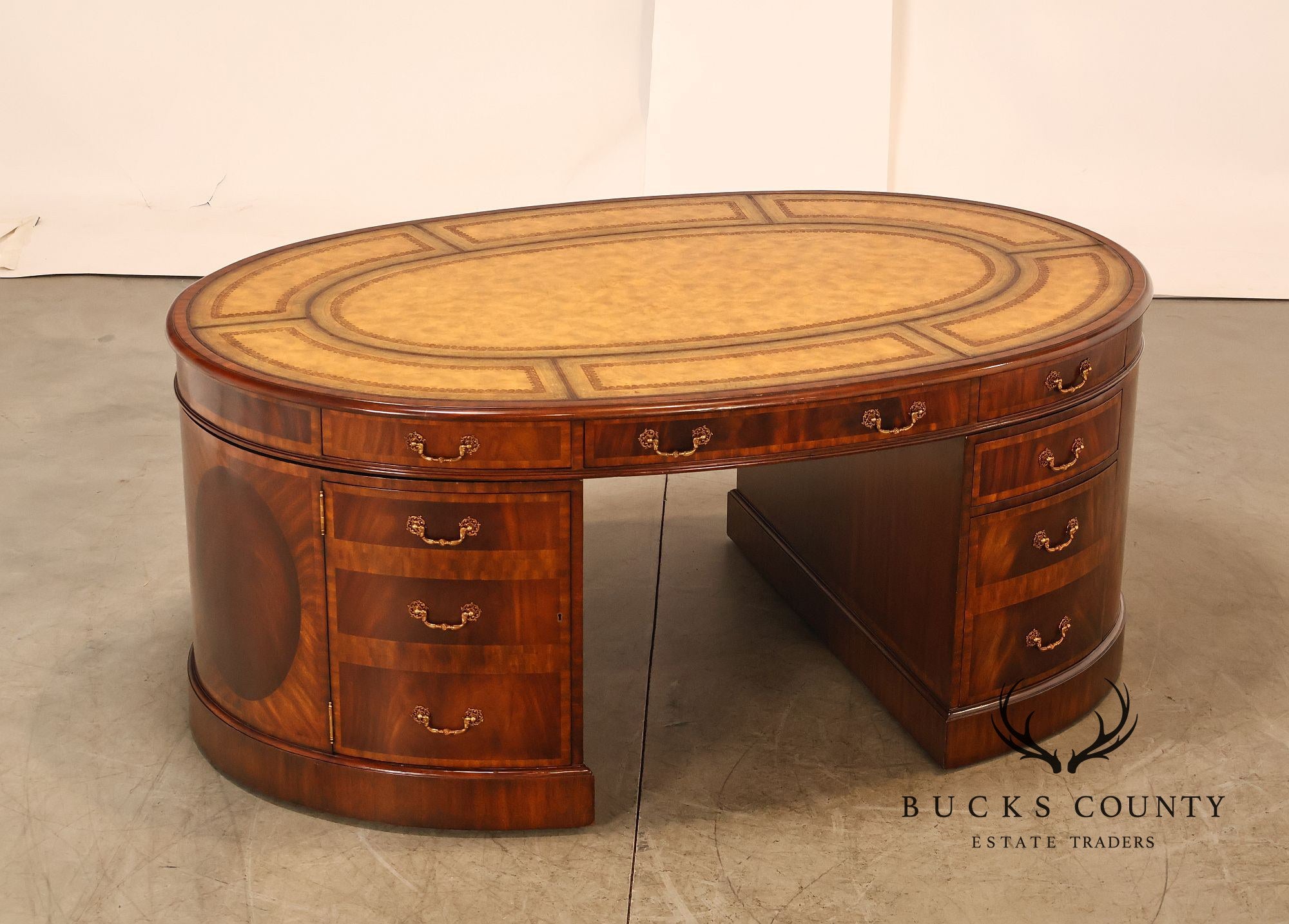 Maitland Smith Oval Mahogany Leather Top Executive Partner's Desk
