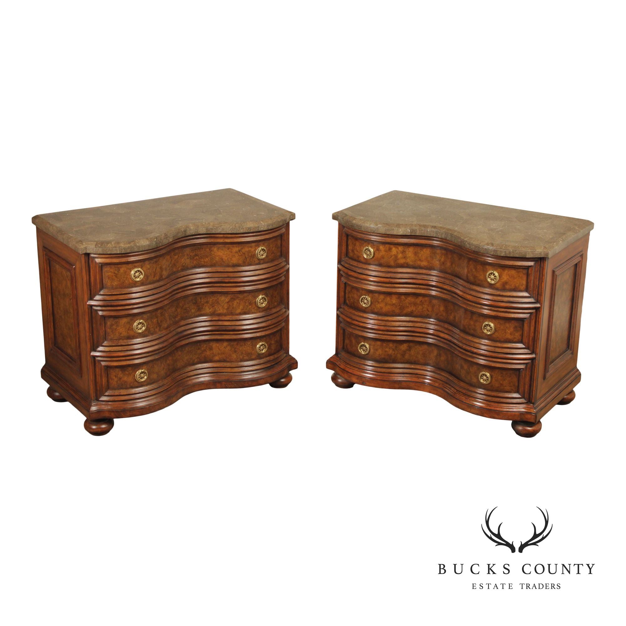 Maitland-Smith Pair of Baroque Style Tessellated Marble  Top Burlwood Chests