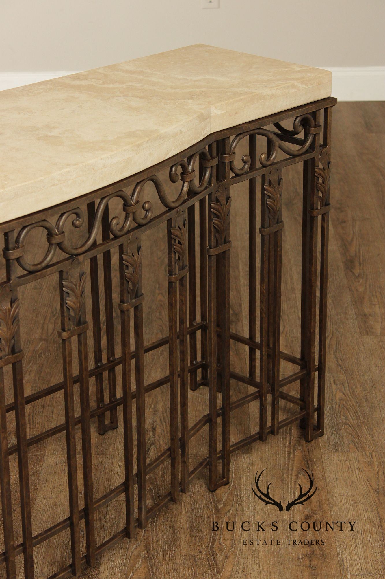 Wrought Iron Travertine Top Long Console Table