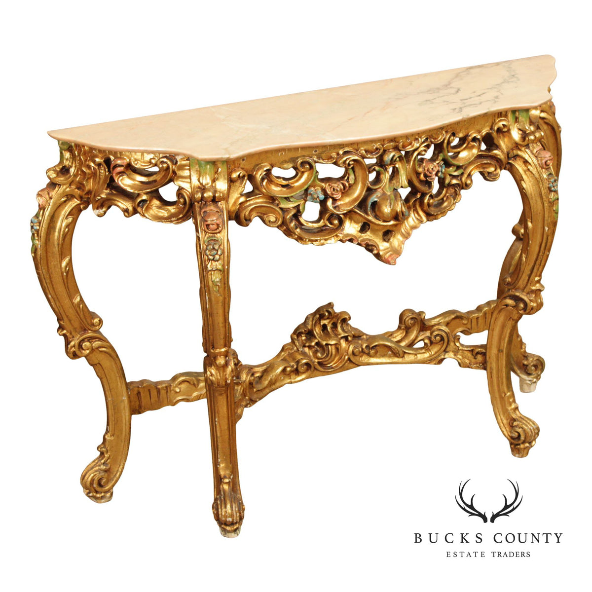 Venetian Rococo Style Marble Top Giltwood Console Table
