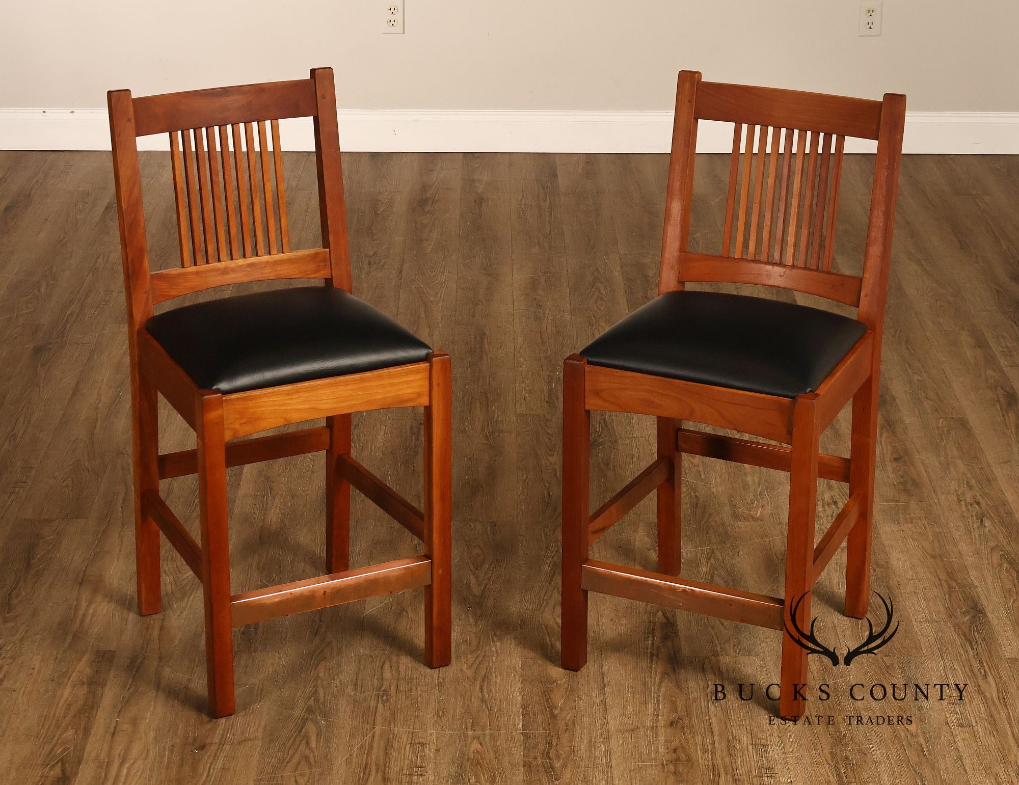 Stickley Mission Collection Cherry Upholstered Counter Height Pair of Stools