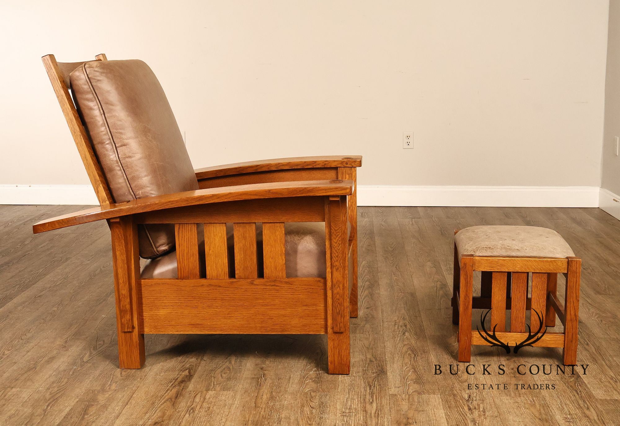 Stickley Mission Collection Oak And Leather Morris Chair With Ottoman