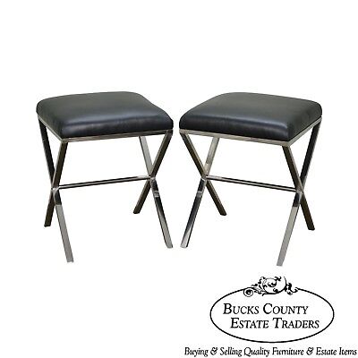 X Base Pair of Chrome & Leather Stools