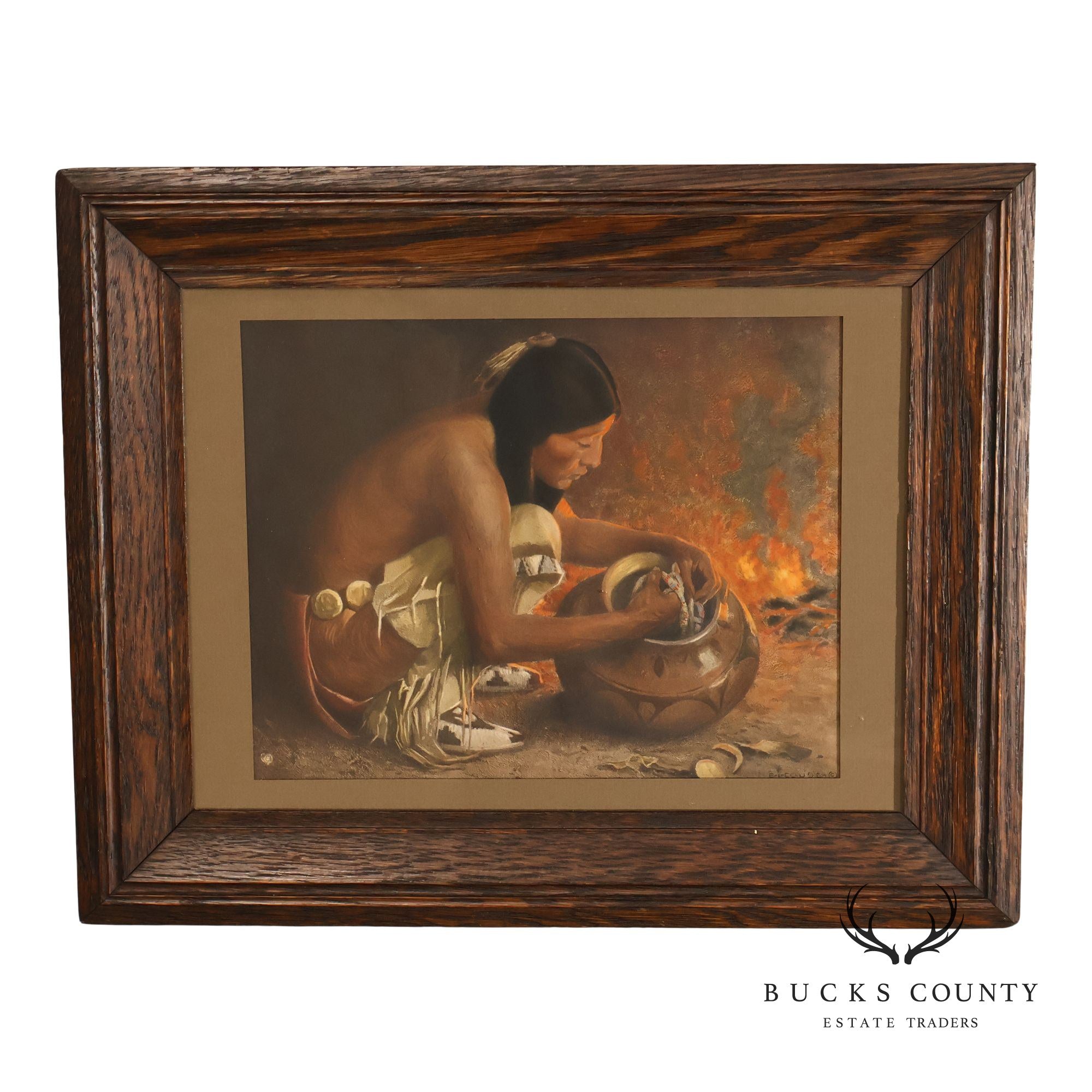 Wood Framed Lithograph Artwork "Treasure Jar" by E. Irving Couse