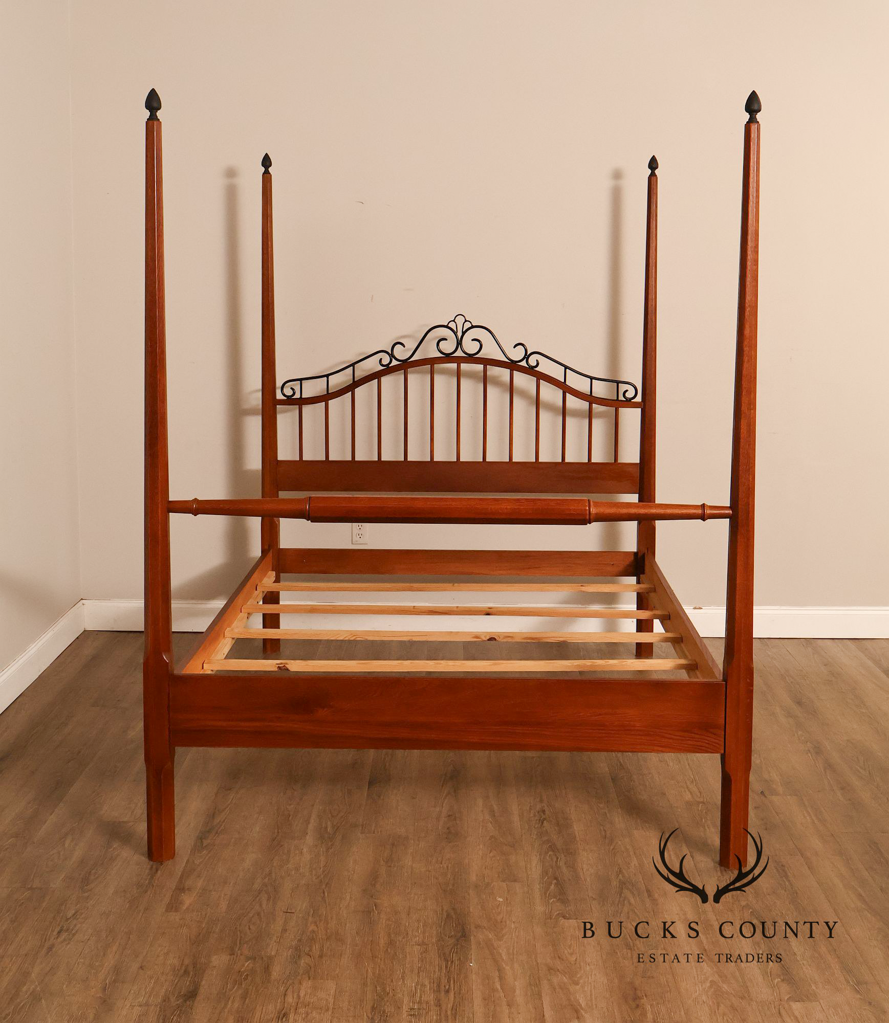 Keller Traditional Solid Oak And Scrolled Iron Queen Poster Bed