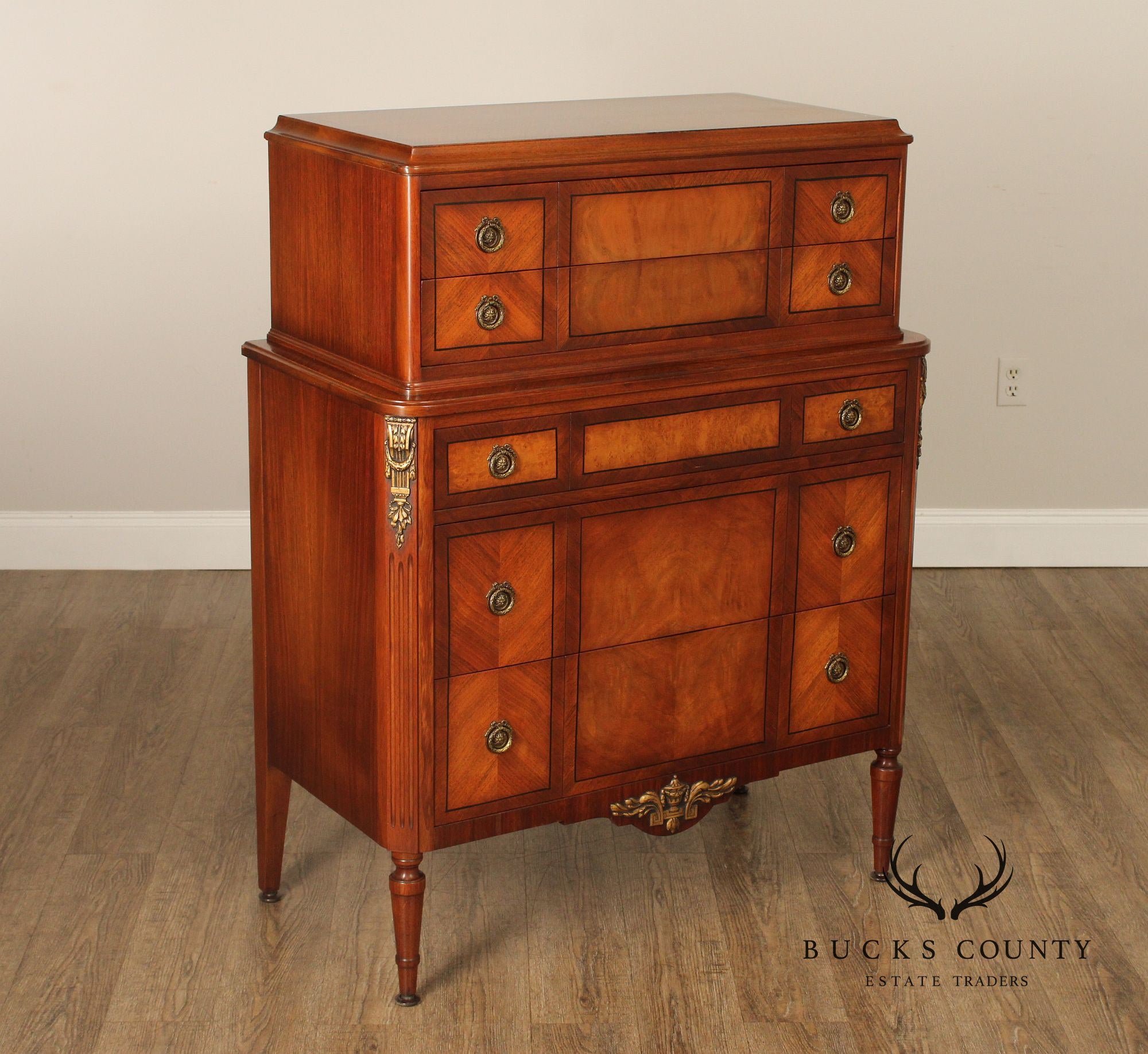 Tobey Furniture Co. French Louis XVI Style Burl 1930's Walnut Chest on Chest