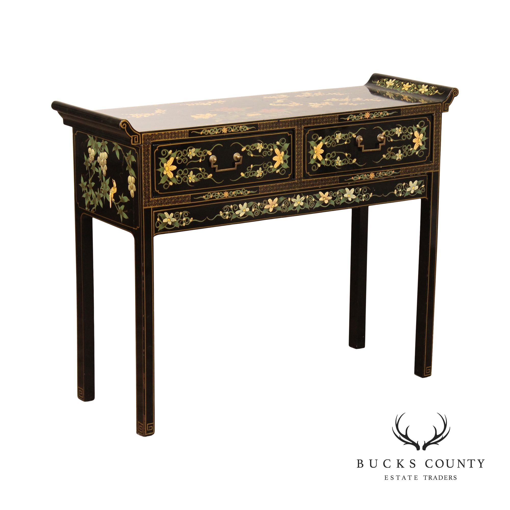 Chinoiserie Painted Vintage Black Lacquer Console Table