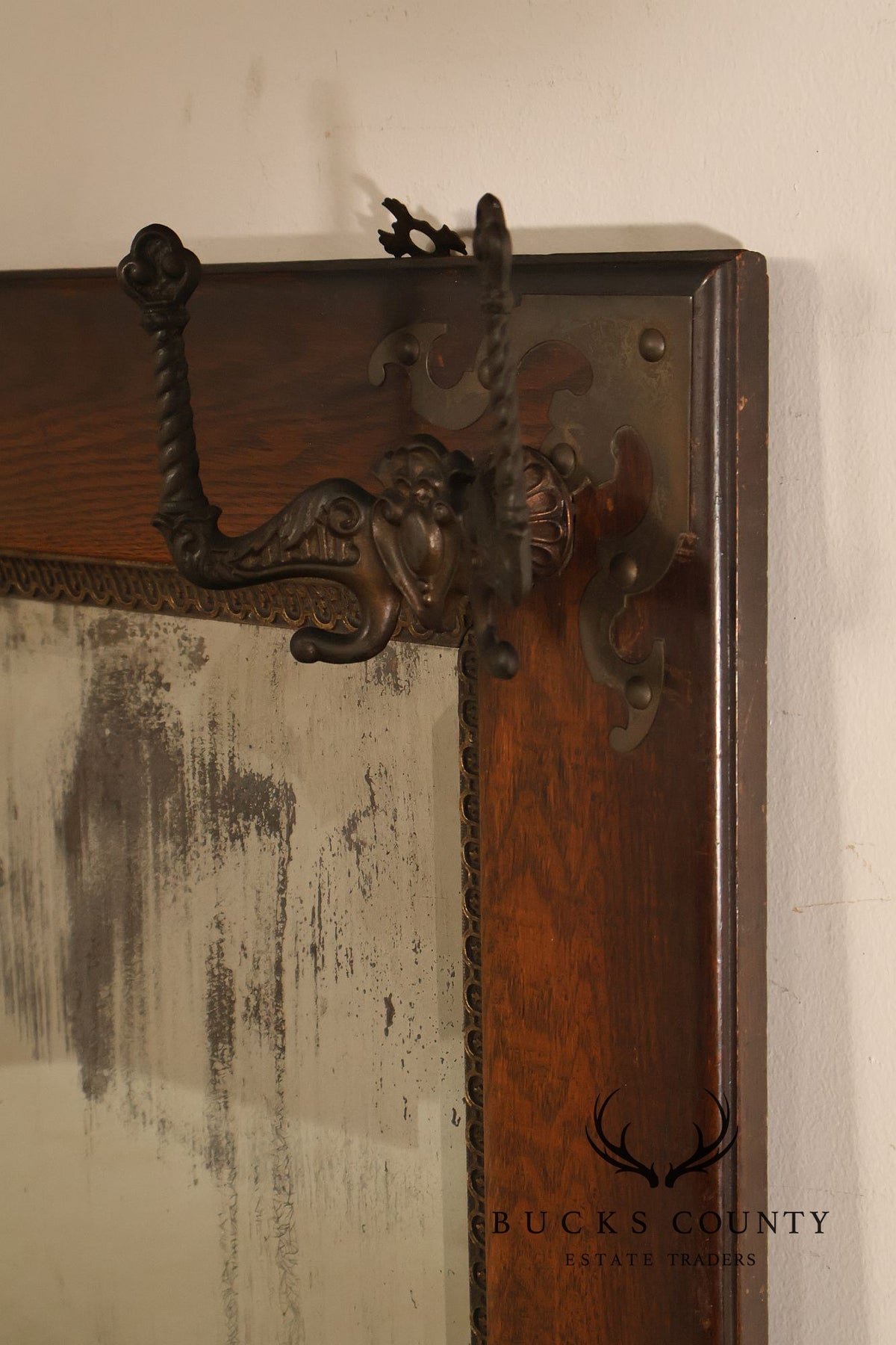Antique Victorian Oak Wall Mirror With Cast Iron Coat Hooks