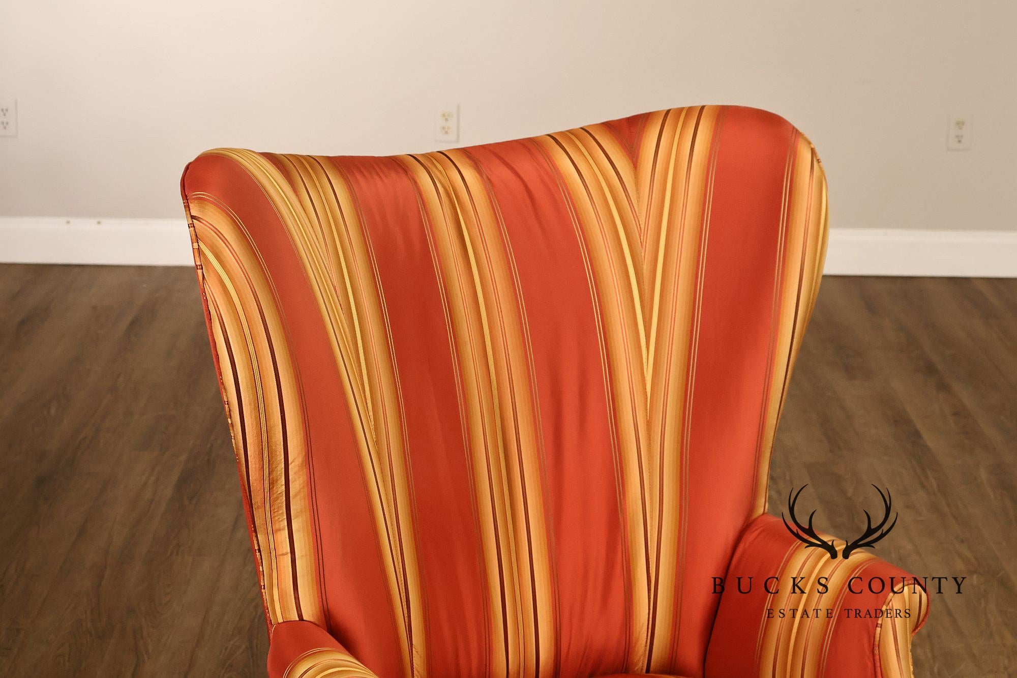 Custom Quality Pair Of Mahogany Fanback Wing Chairs