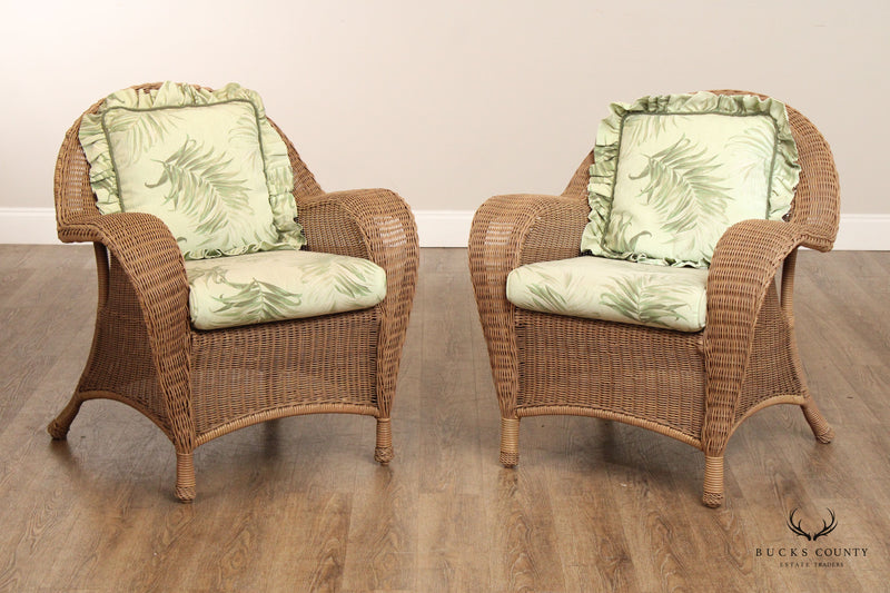 WOVEN WICKER PAIR OF OUTDOOR PATIO LOUNGE CHAIRS