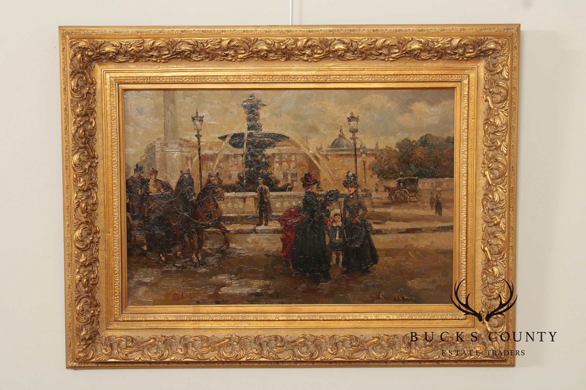 Impressionist English Victorian Street Scene Framed Oil Painting, Signed