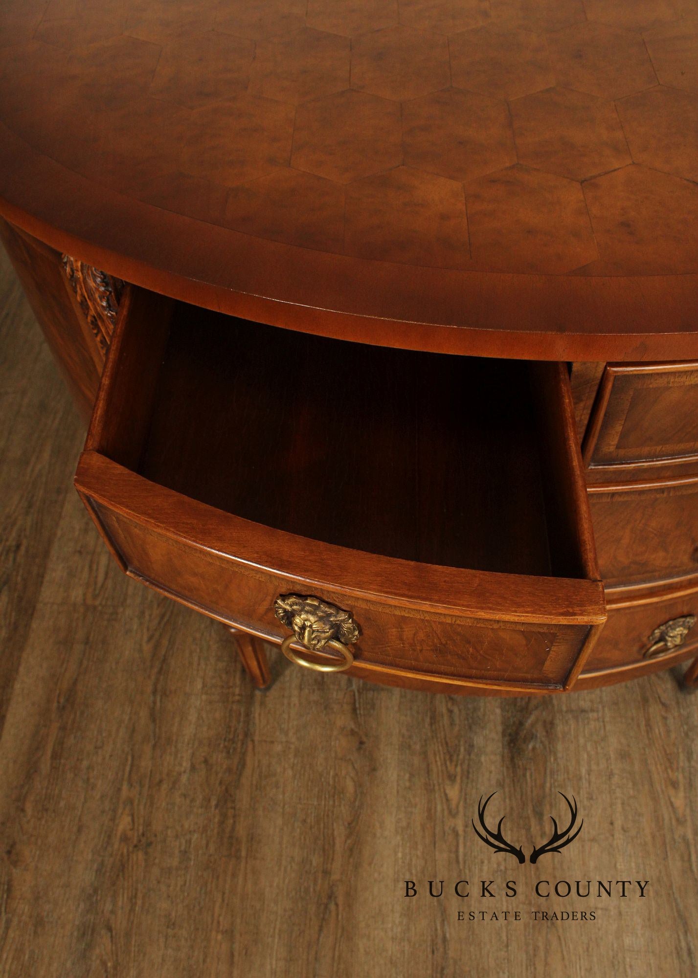 Regency Style Burl Walnut Demilune Commode