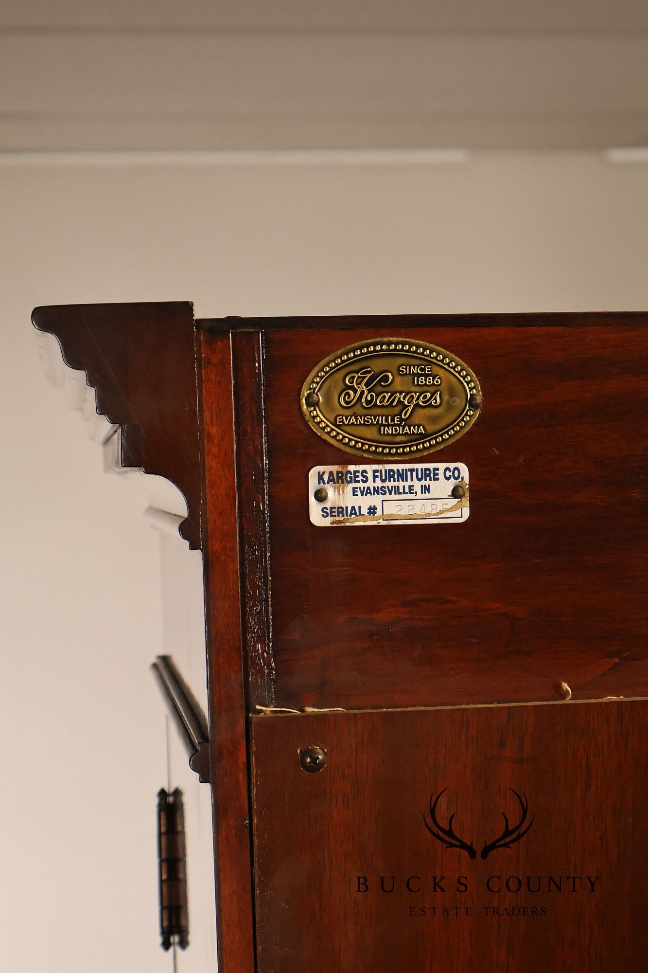 Karges English Style Mahogany Breakfront China Cabinet Display Bookcase with Carved Pediment and Silk Backing