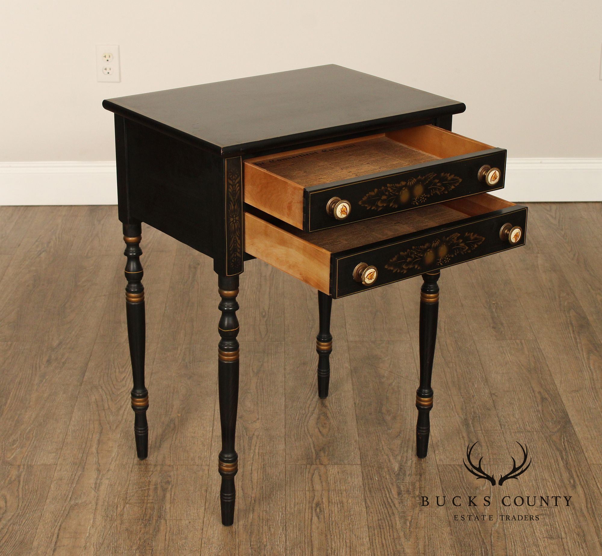 L. Hitchcock Vintage Black and Gilt Painted Two-Drawer Nightstand