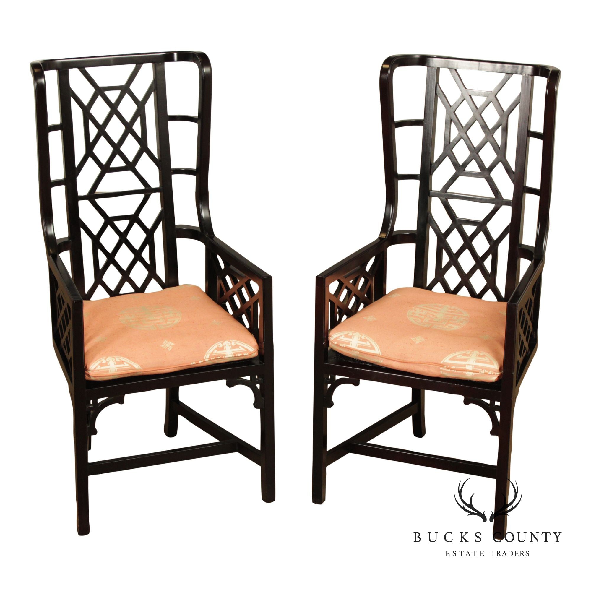 Chinese Chippendale Style Pair of Black Lacquer Armchairs