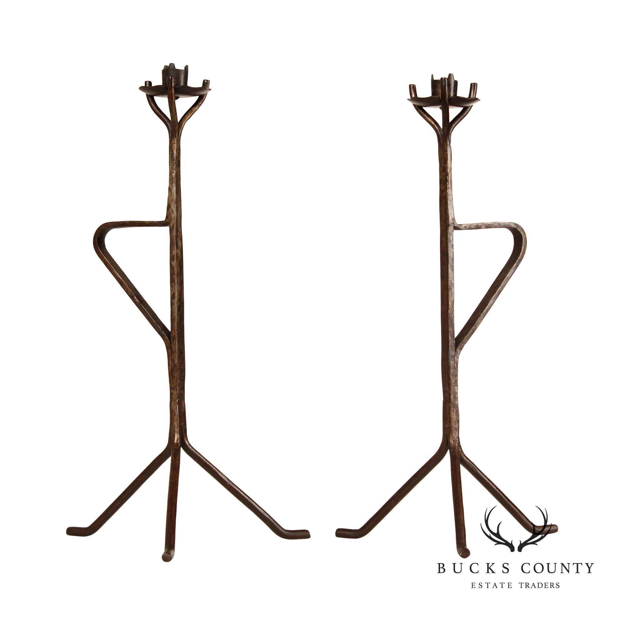 Mid Century Pair Of Hand Forged Tabletop Candelabras