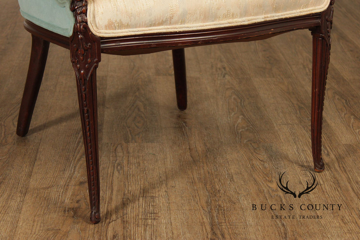 Vintage Mahogany Carved Fireside Armchair With Two-Tone Upholstery