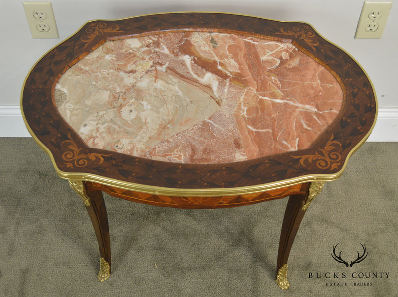 French Louis XV Style Antique Marquetry Inlaid Marble Top Coffee Table