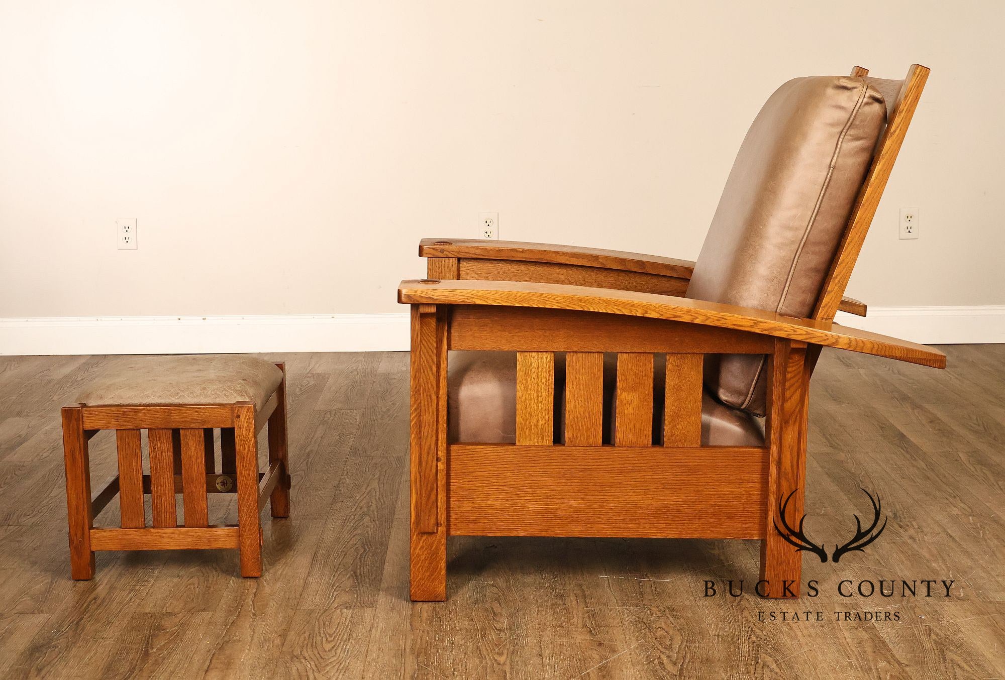 Stickley Mission Collection Oak And Leather Morris Chair With Ottoman