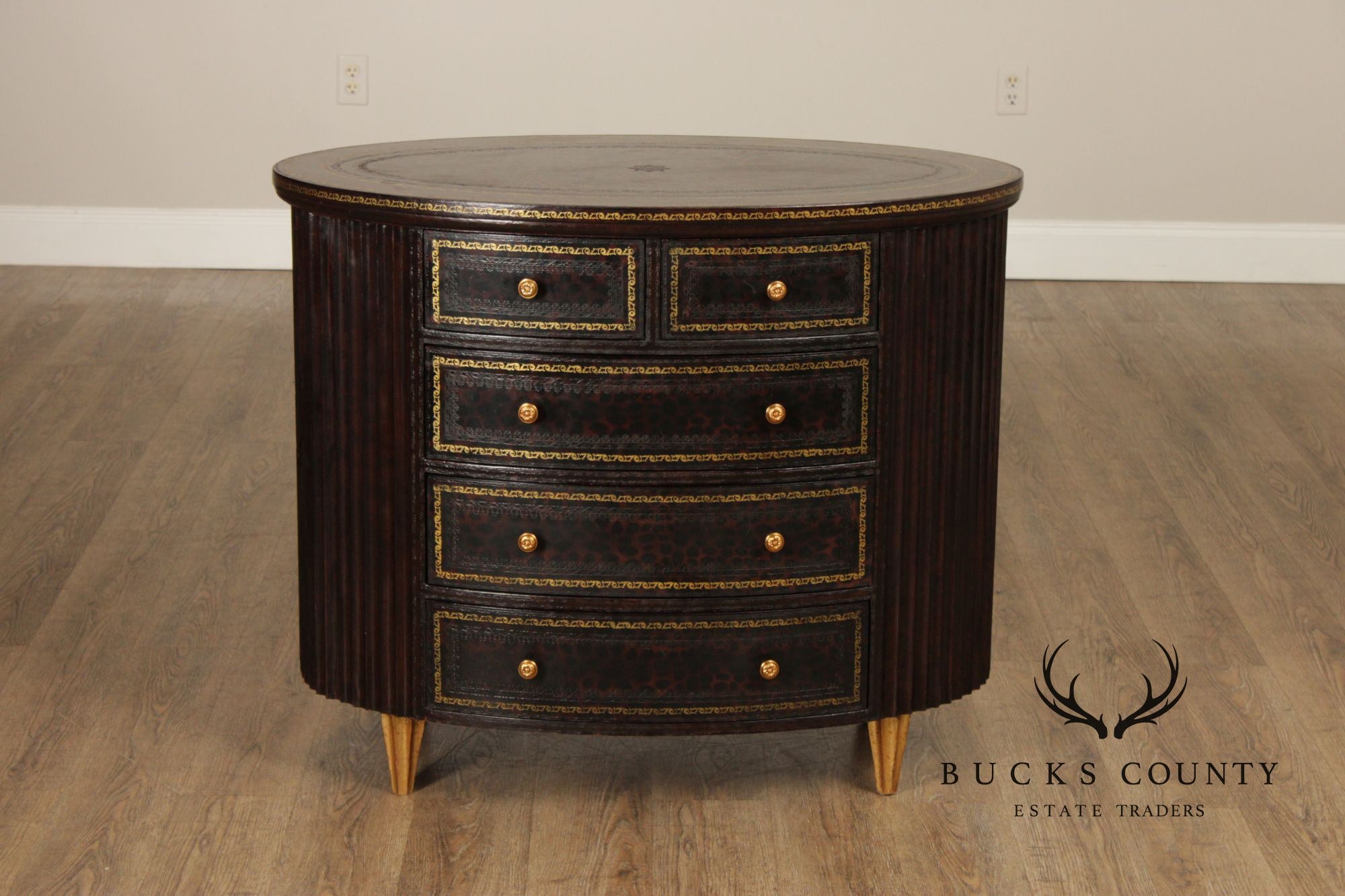 Maitland Smith Leather Wrapped Oval Chest Of Drawers