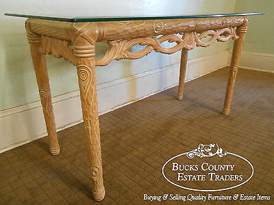 Carved Naturalistic Solid Maple Glass Top Sofa Table