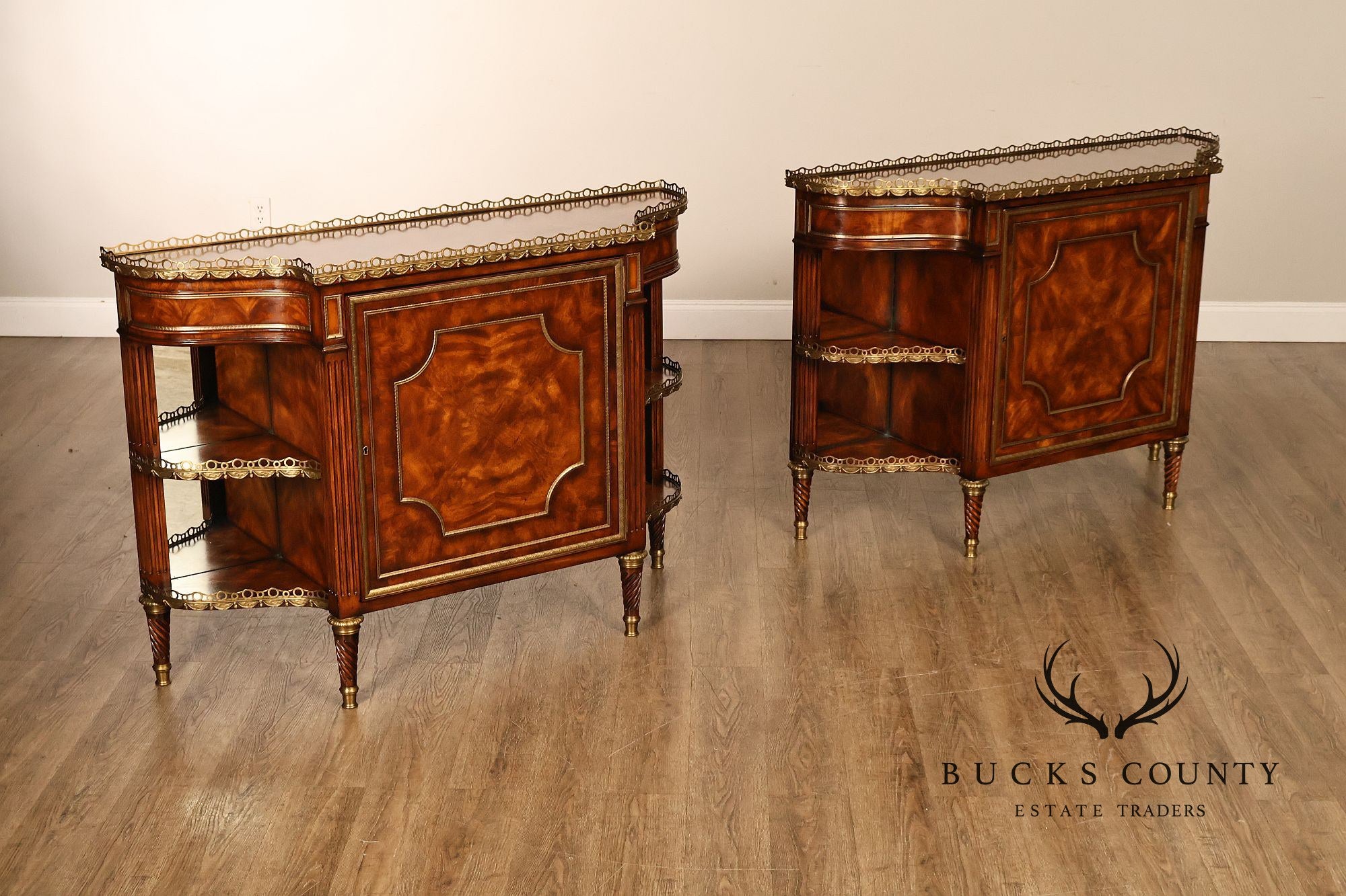 Theodore Alexander French Louis XVI Style Burl Wood Brass Mounted Gallery Top Pair Of Side Cabinets