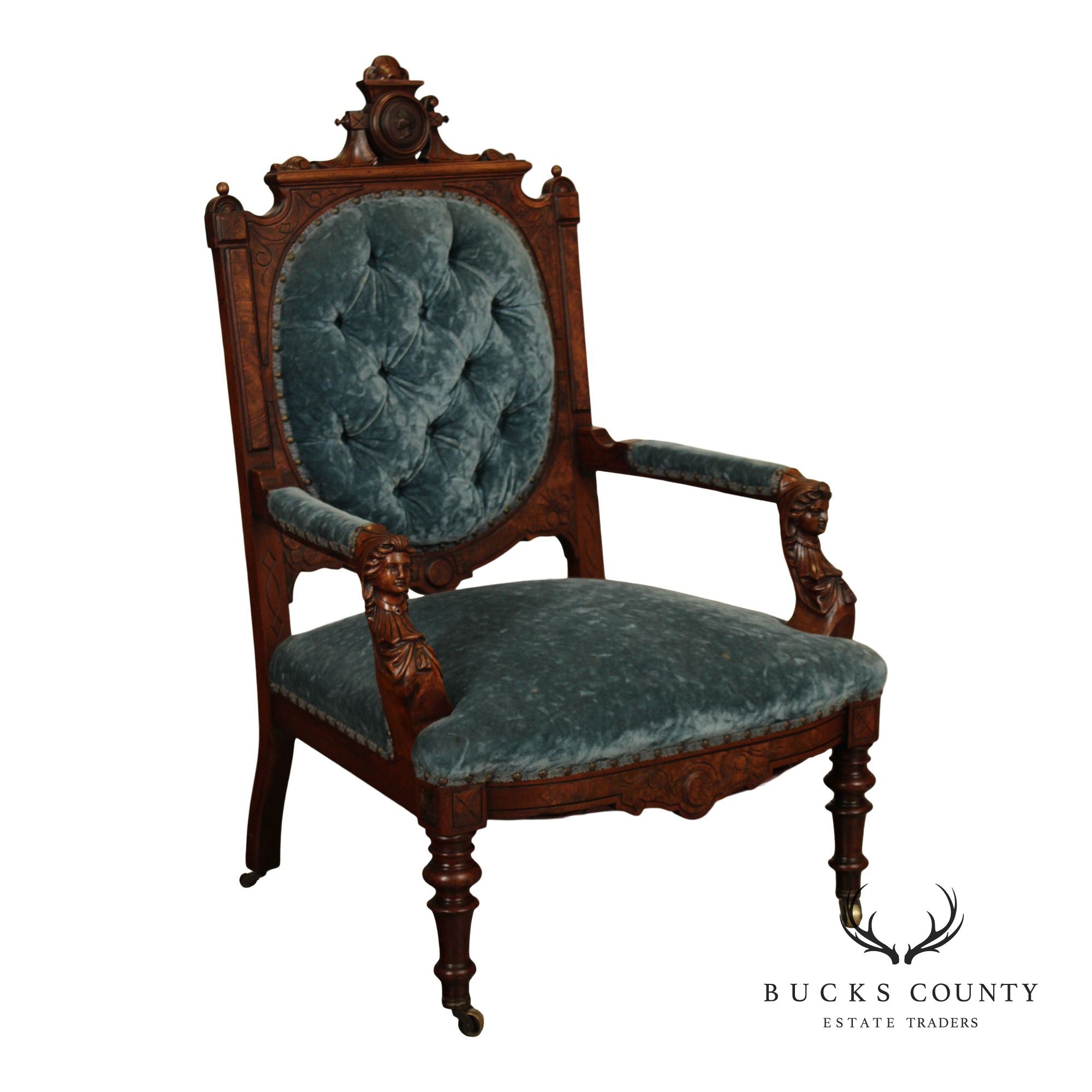 Antique Renaissance Revival Figural Carved Walnut Armchair
