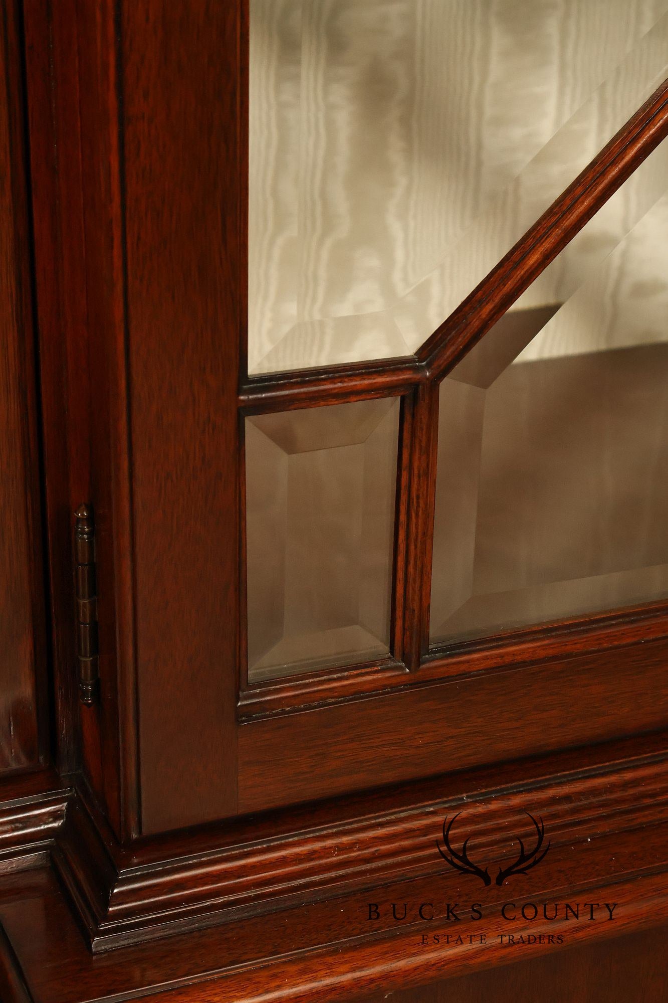 Karges English Style Mahogany Breakfront China Cabinet Display Bookcase with Carved Pediment and Silk Backing