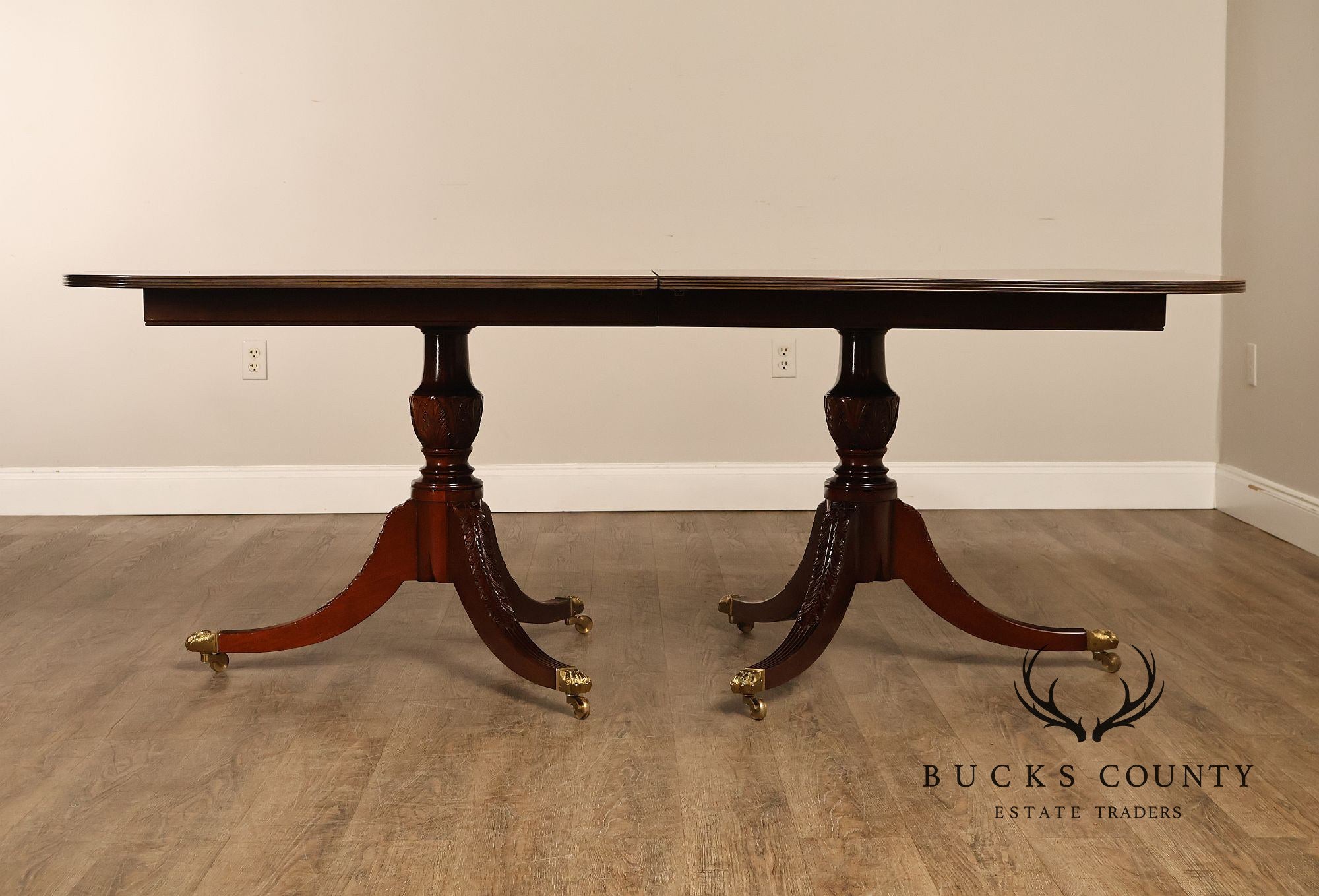 Federal Style Vintage Banded Mahogany Double Pedestal Dining Table