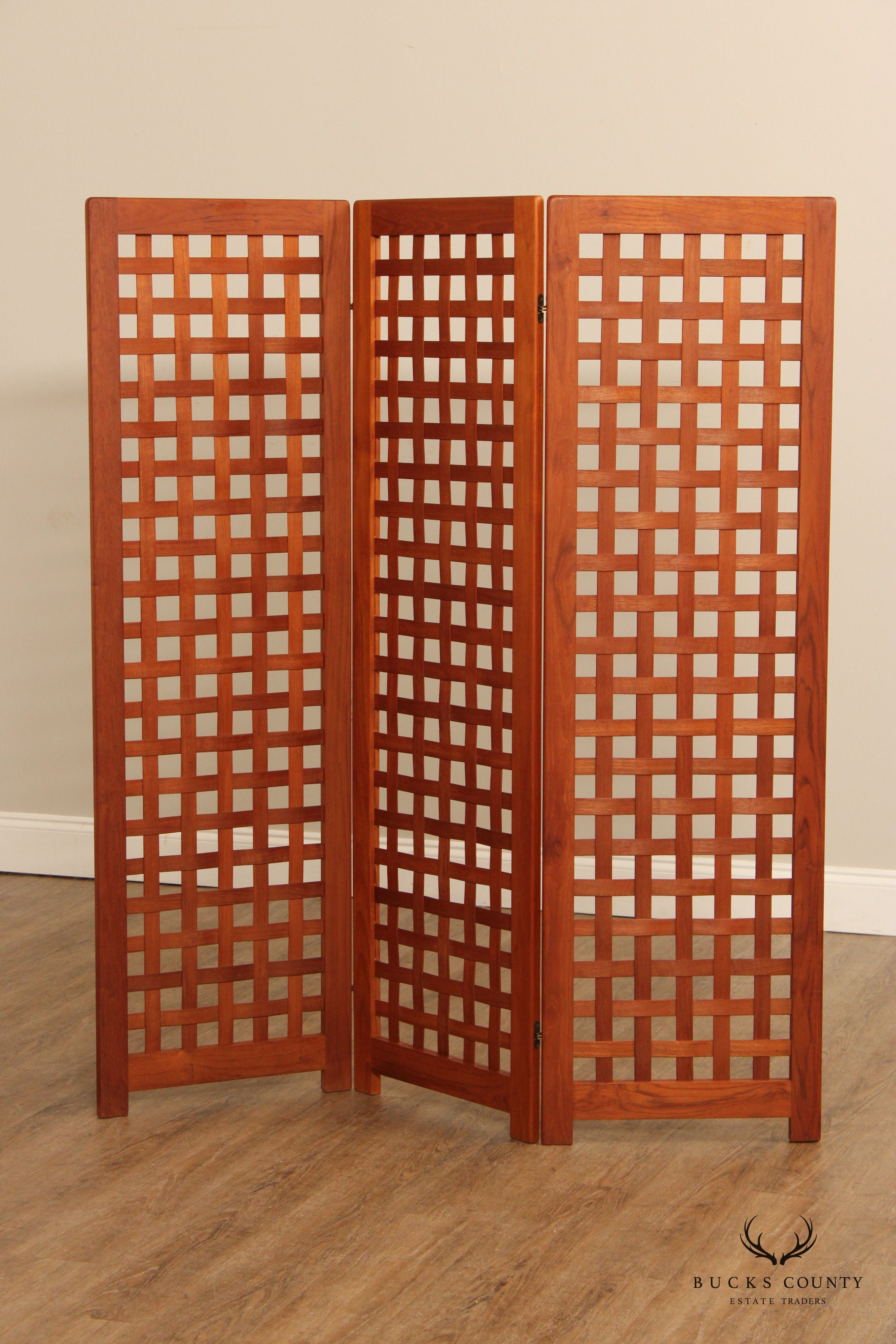 Vintage Latticed Teak Three Panel Folding Screen