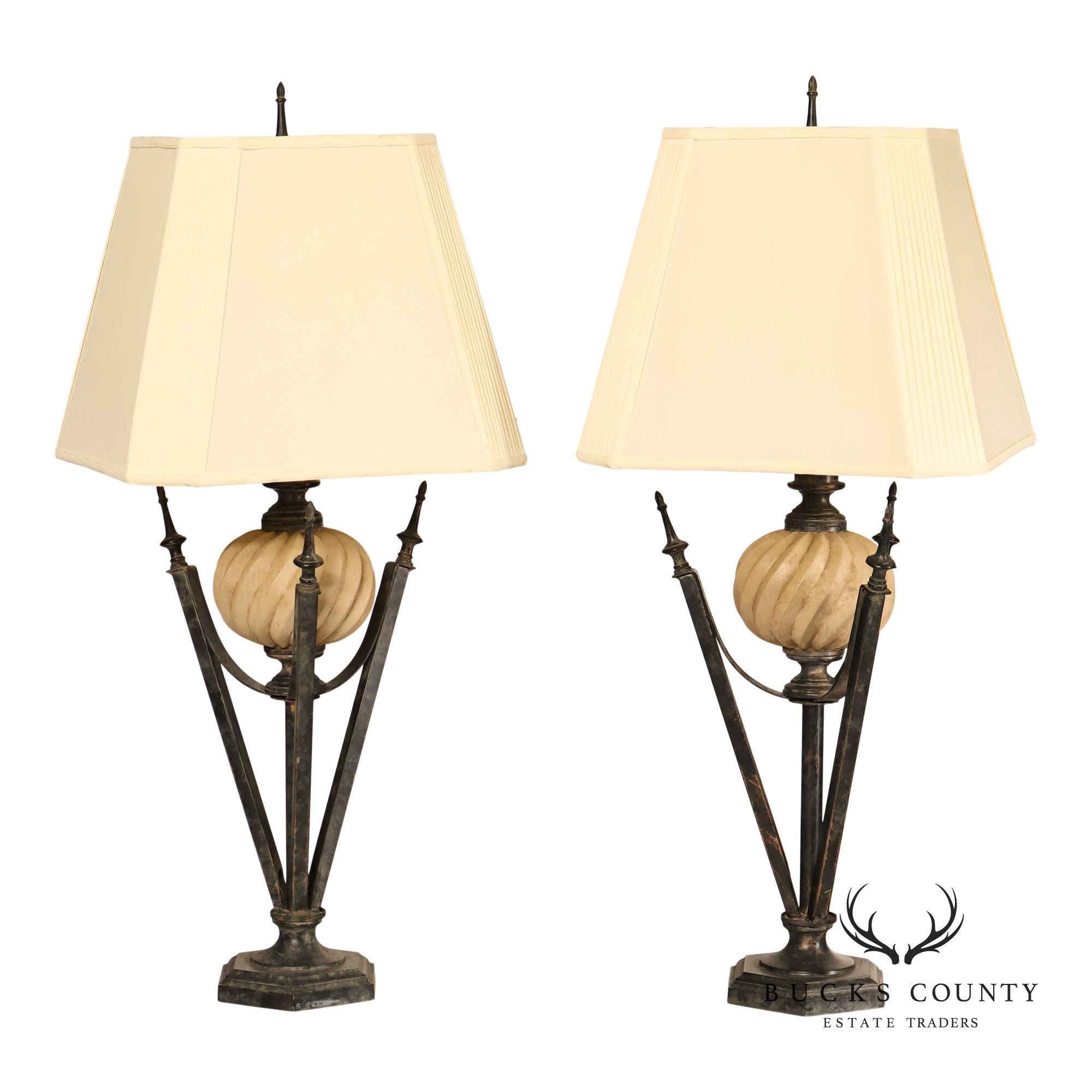 Neoclassical Style Pair Of Table Lamps With Carved Orb And Metal Base