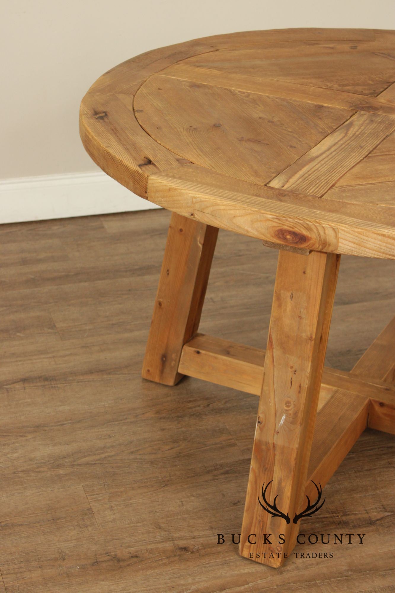 Rustic Industrial Round Pine Dining Or Center Table With X-Base