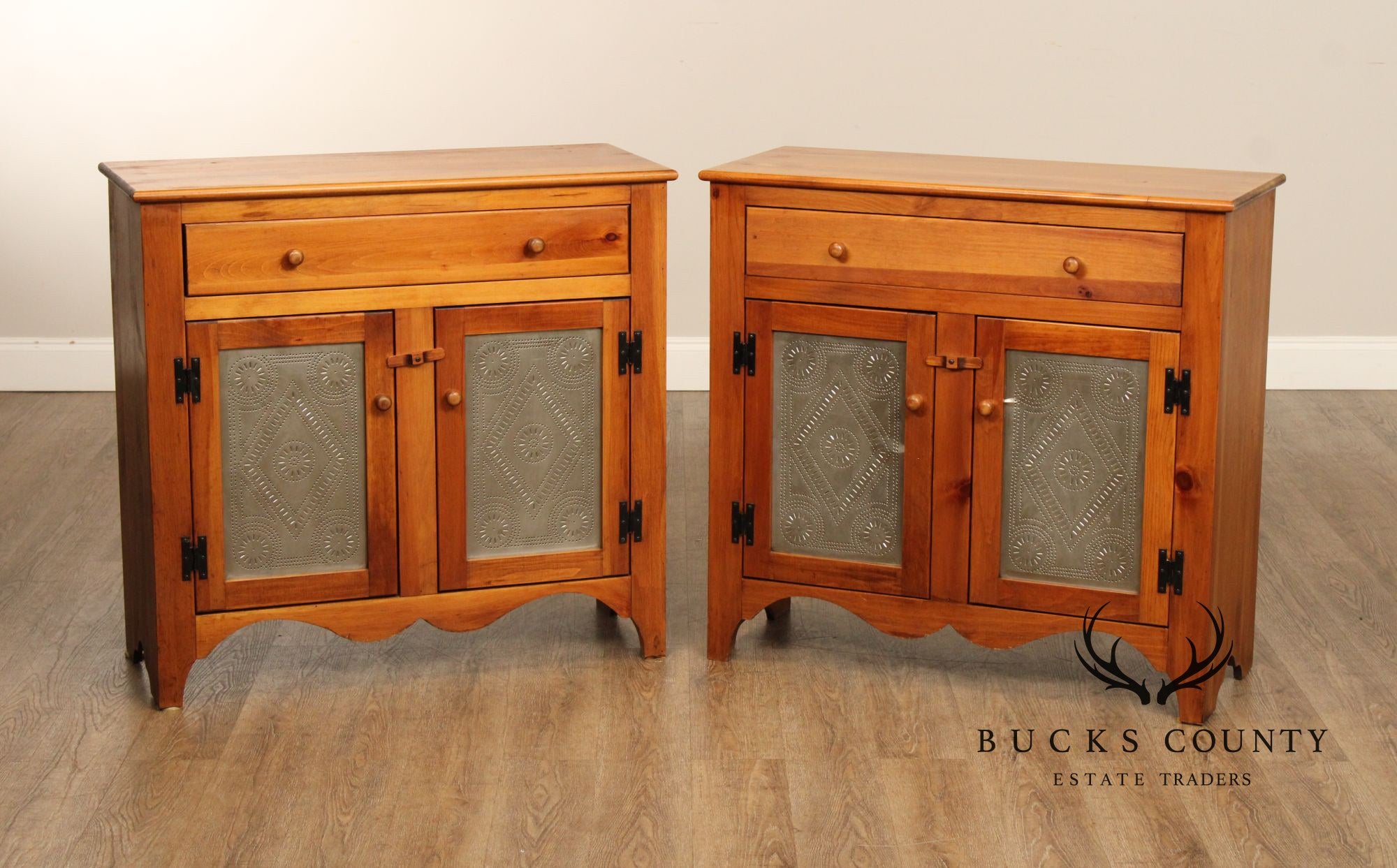 Mastercraft Pair of Pine and Punched Steel Pie Safe Cabinets