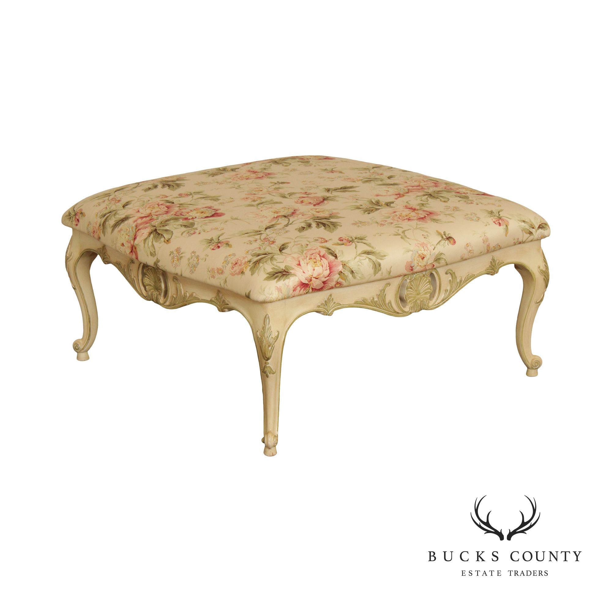 French Louis XV Style Large Painted Frame Upholstered Ottoman