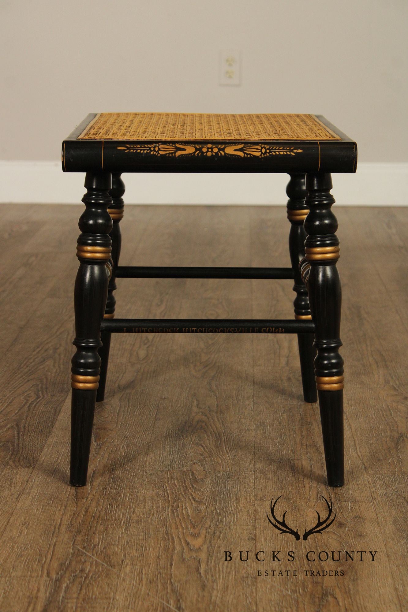 Pair Of L. Hitchcock Black And Gold Hand Stenciled Caned Benches