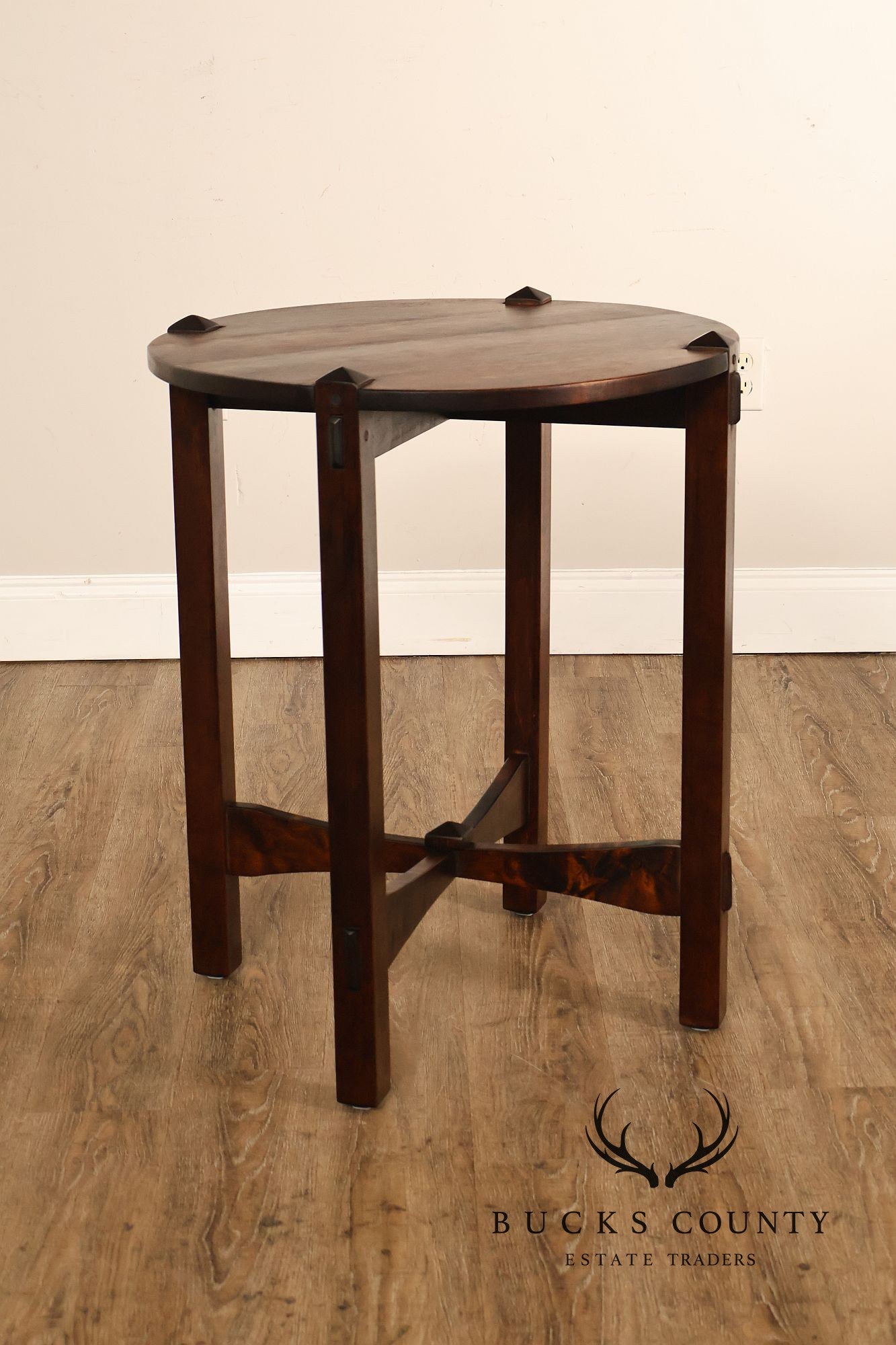 Studio Arts And Crafts Style Round Accent Table With Burl Wood Top