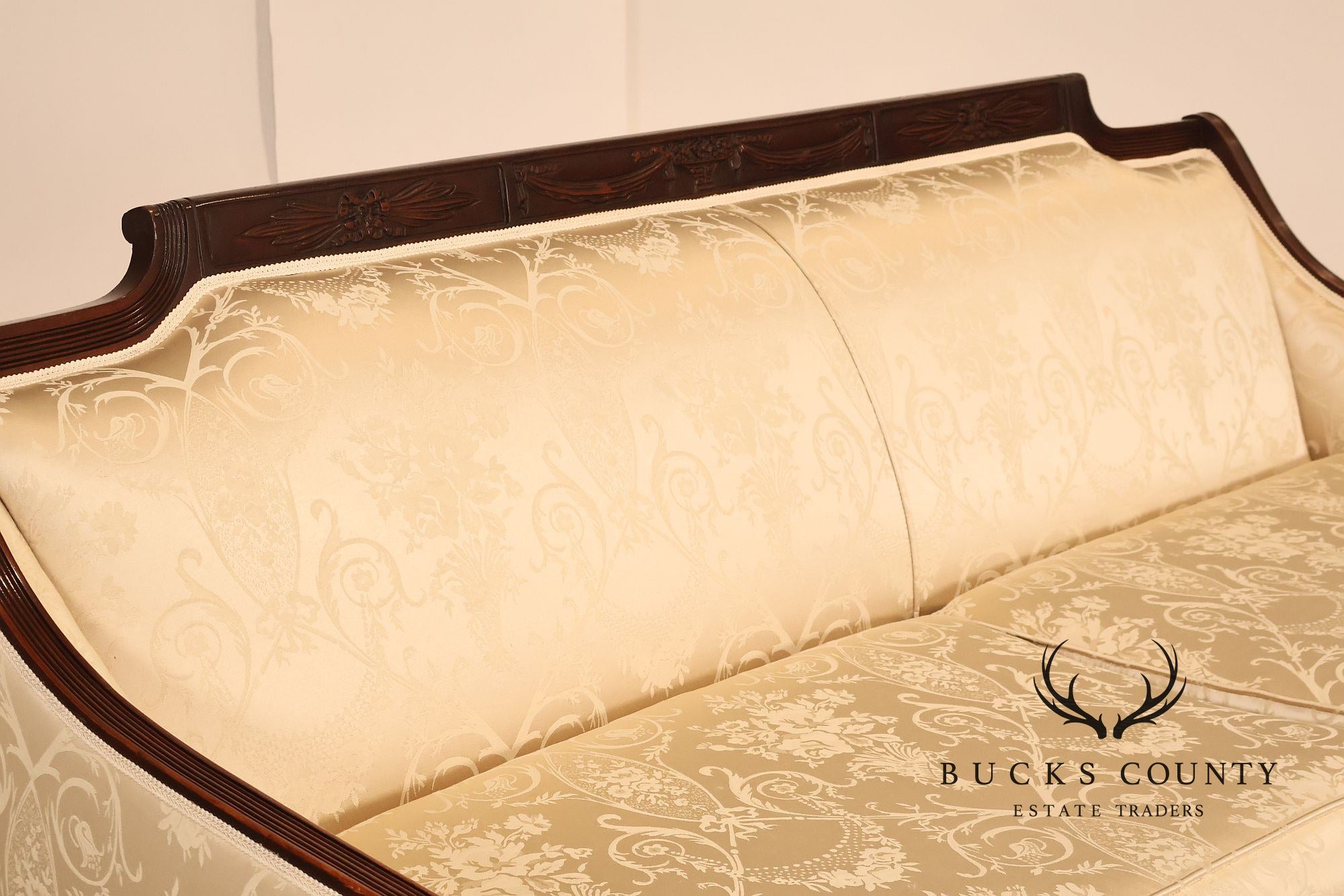 Federal Sheraton Style Upholstered Sofa With Carved Wood Frame