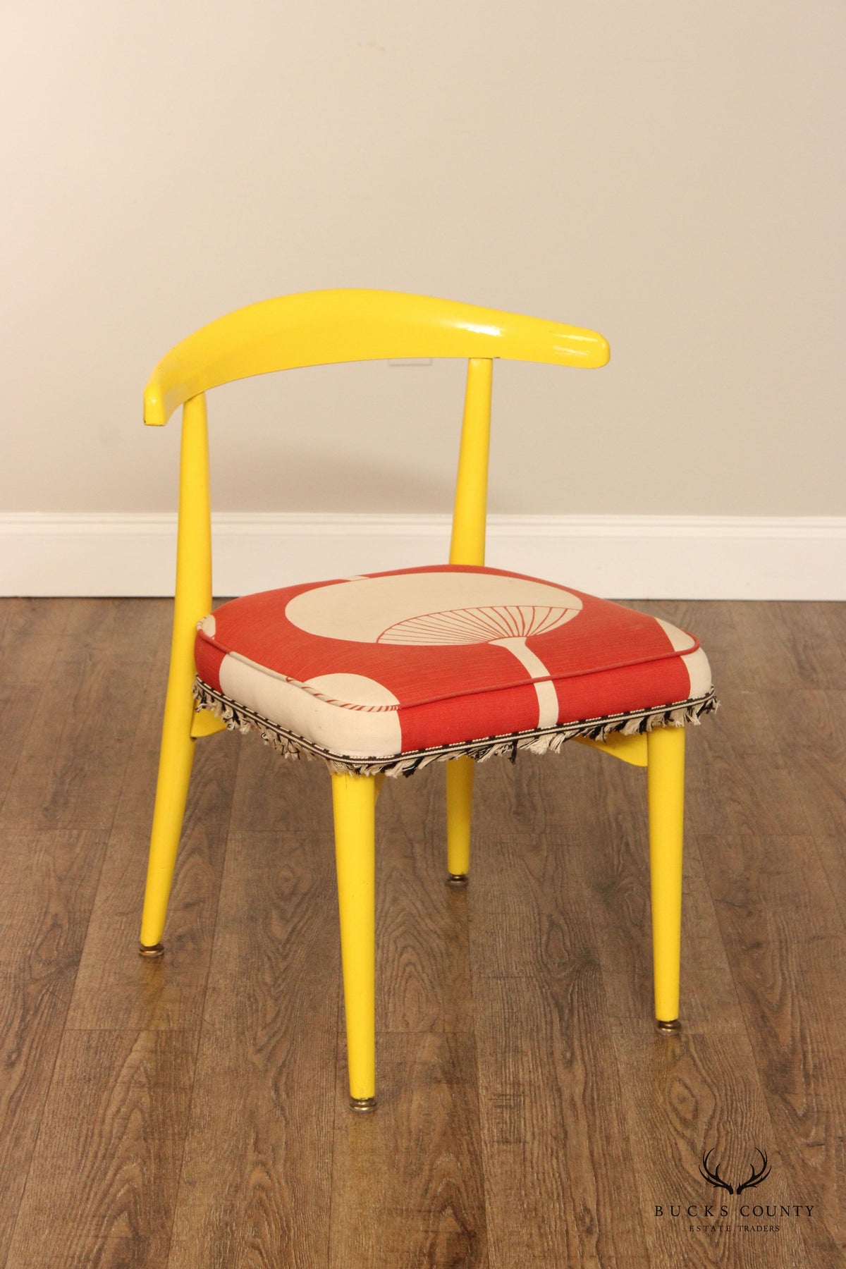 Vintage Mid Century Modern Pair Of Yellow Barrel Back Dining Chairs With Graphic Upholstery
