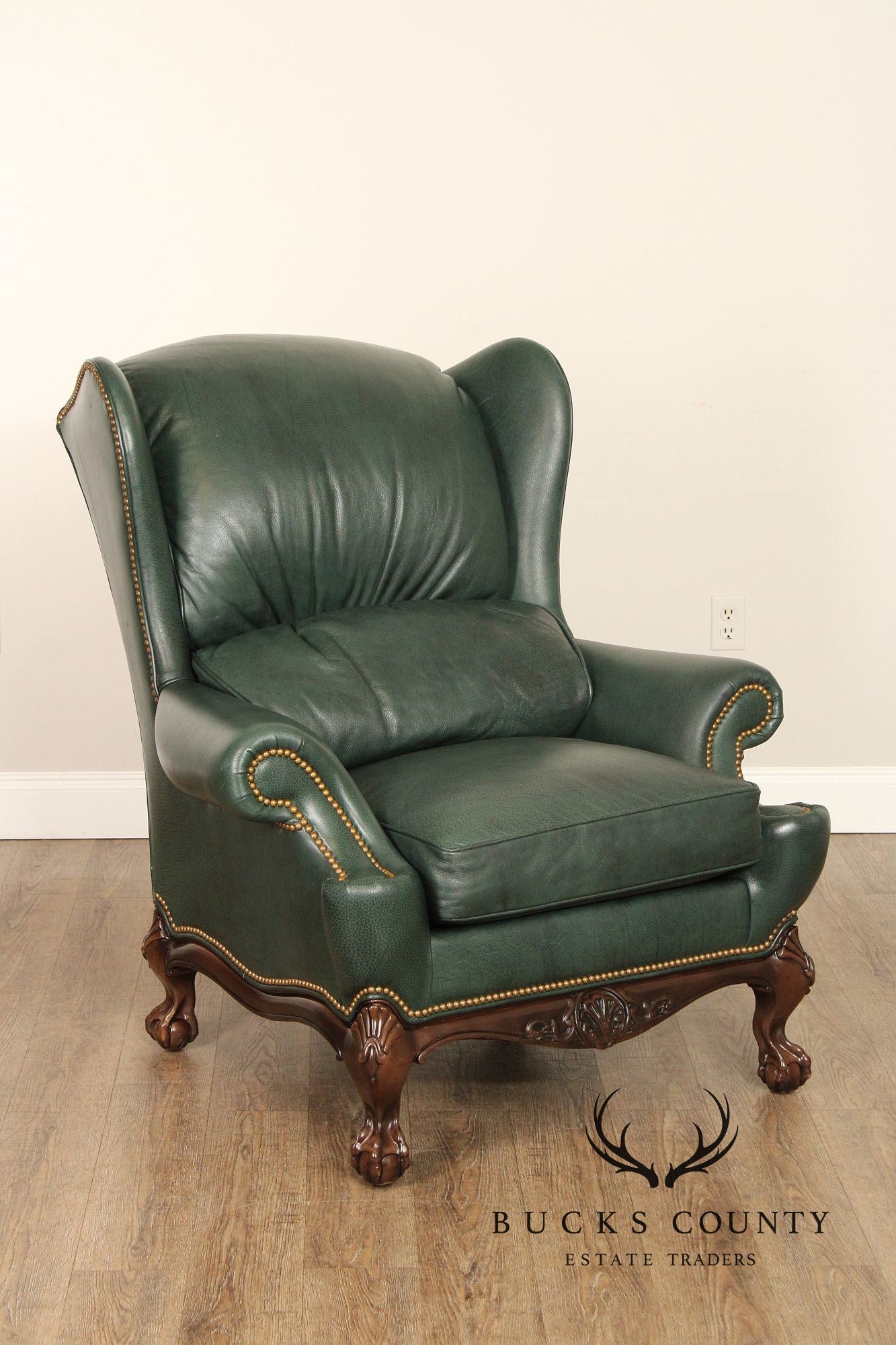 Hancock & Moore Chippendale Style Pair Of Green Leather Bustle Back Wing Chairs