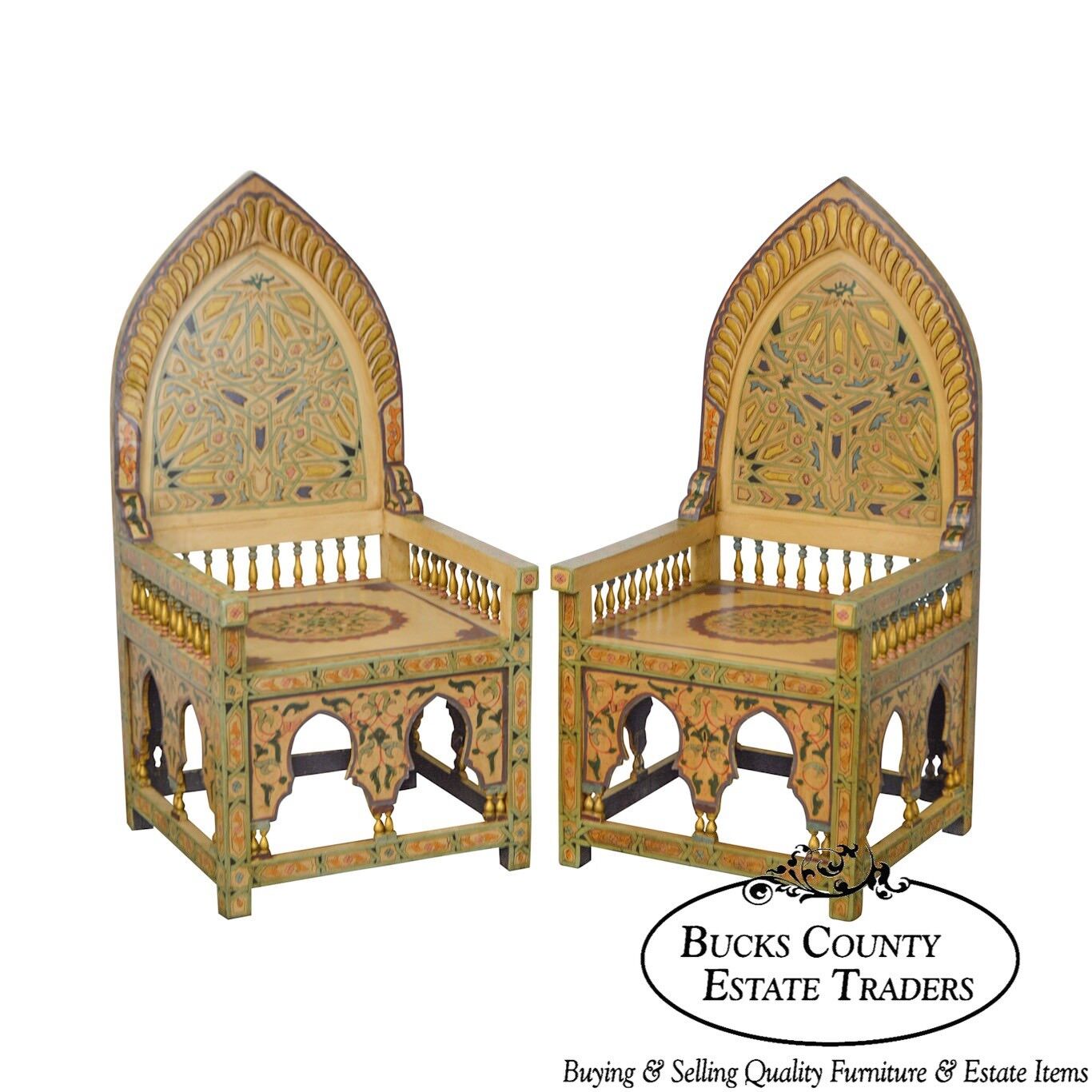 Unusual Pair of Middle Eastern Decorated Hall Chairs