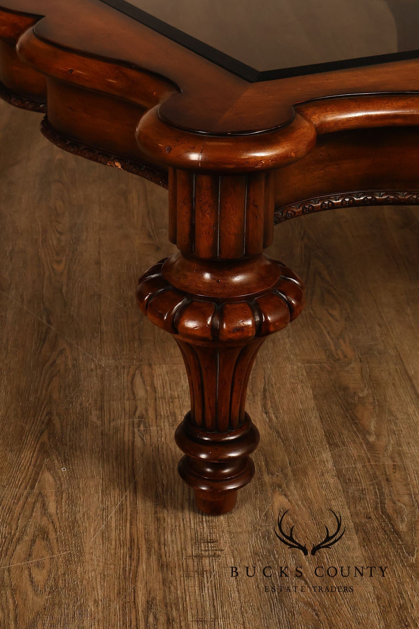 Mediterranean Style Carved Wood And Glass Square Coffee Table